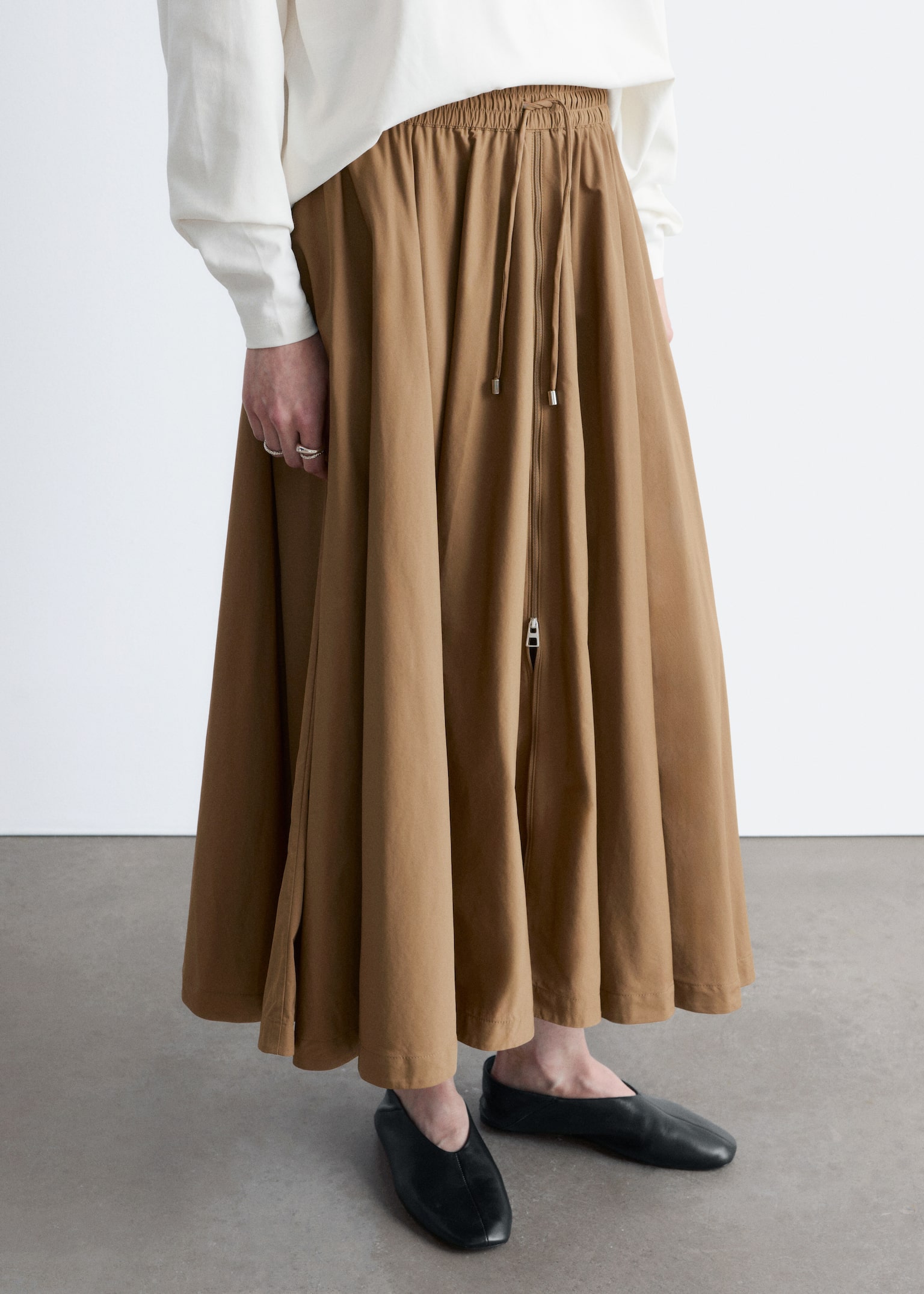 Voluminous Drawstring Midi Skirt - Brown - 3