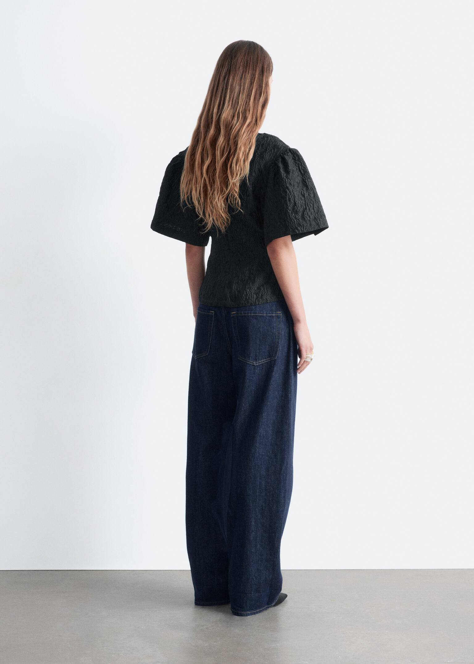 Jacquard Puff-Sleeve Top - Black - 6