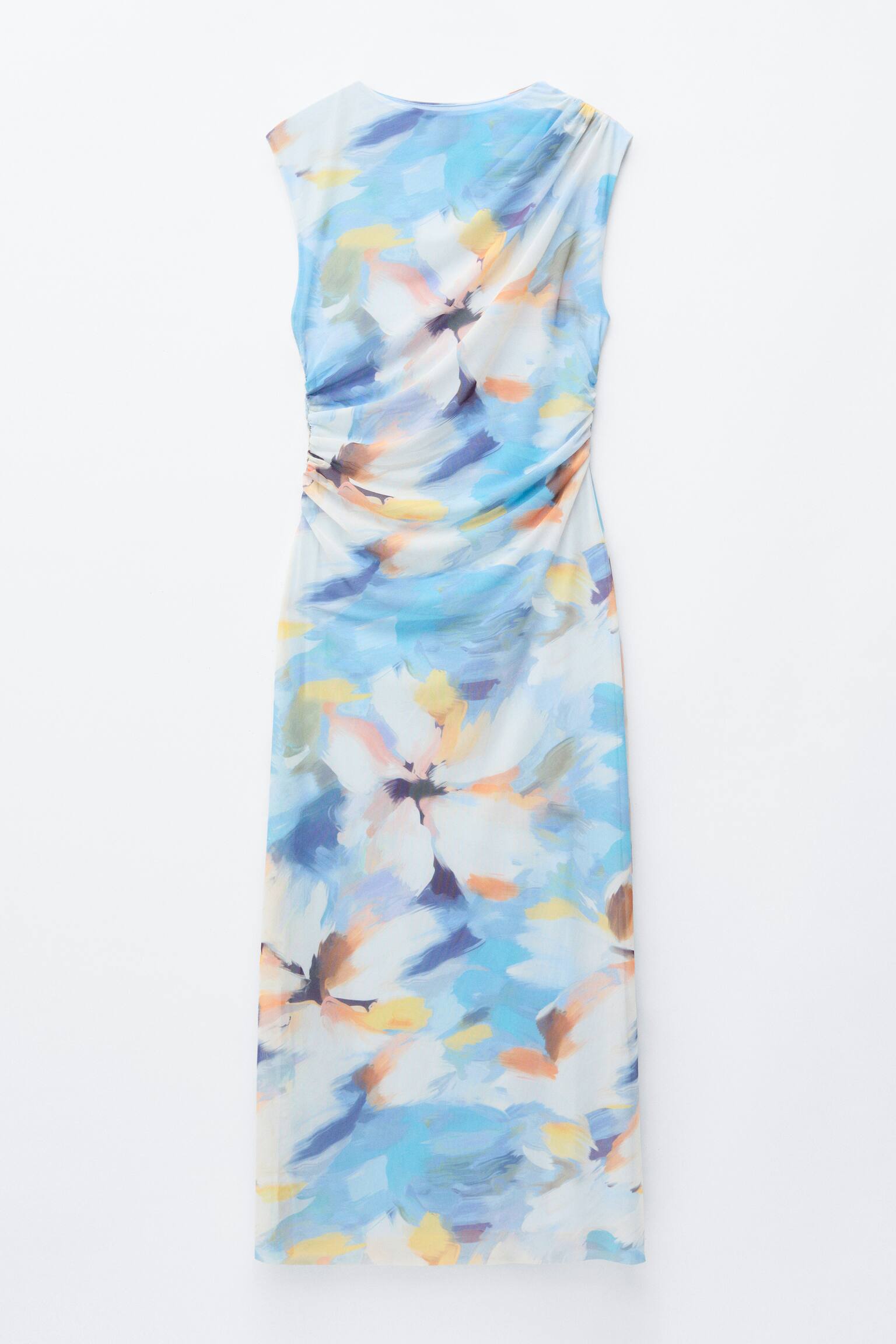 Drapiertes Midikleid ohne Ärmel - Blau/Blumendruck - 2