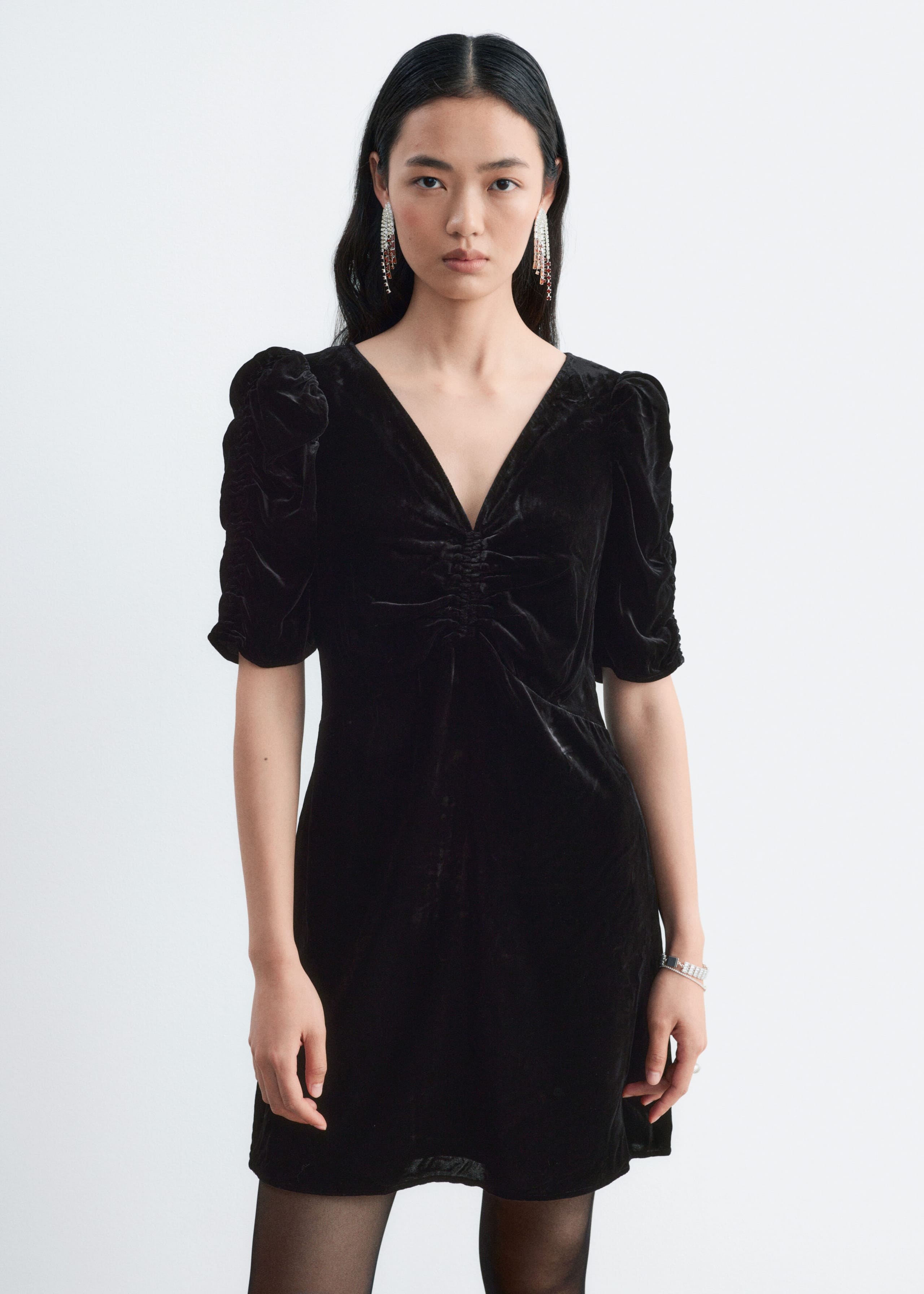 Ruched Velvet Dress - Black - Lookbook
