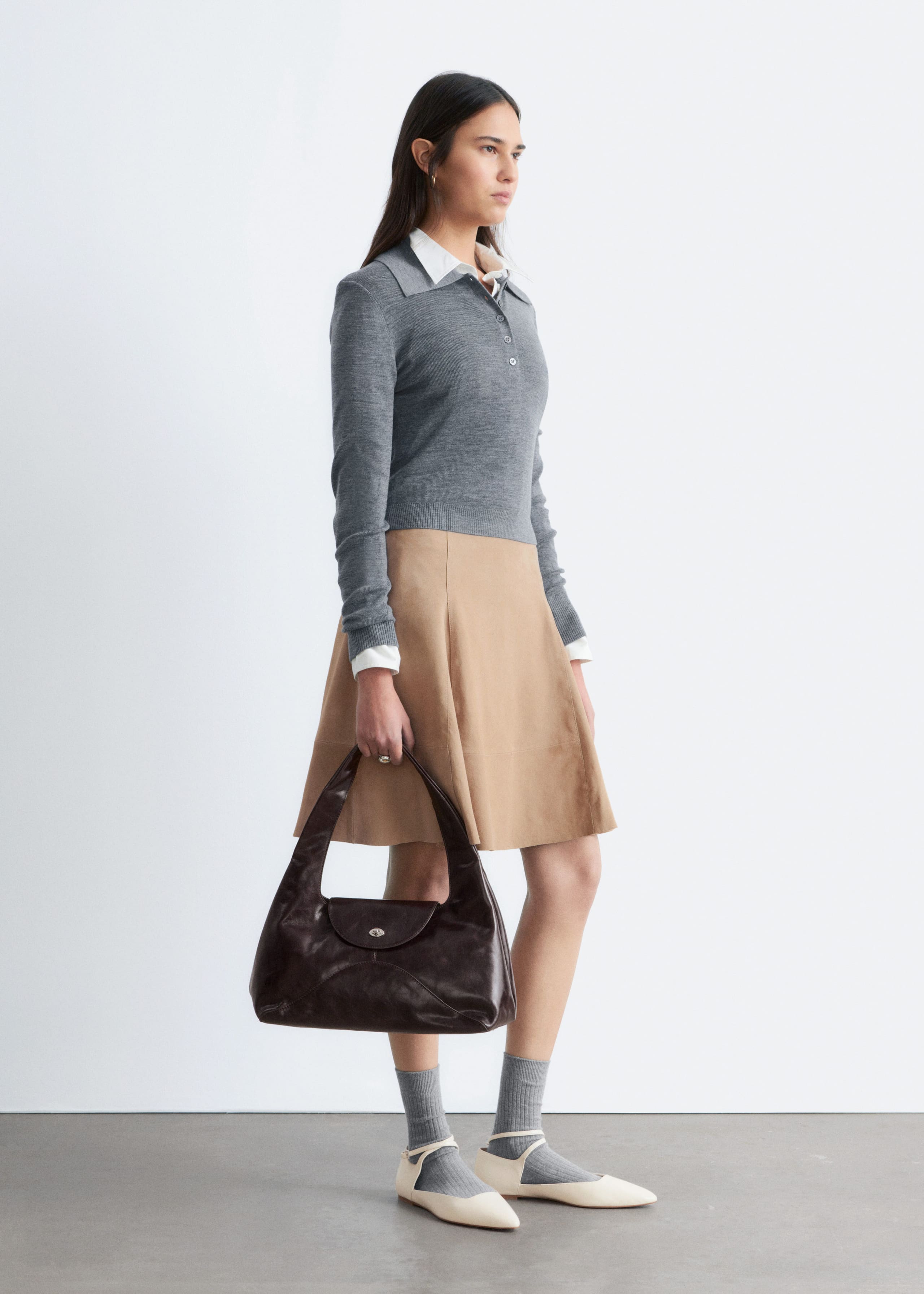 Knee-length A-line Suede Skirt - Beige - Lookbook