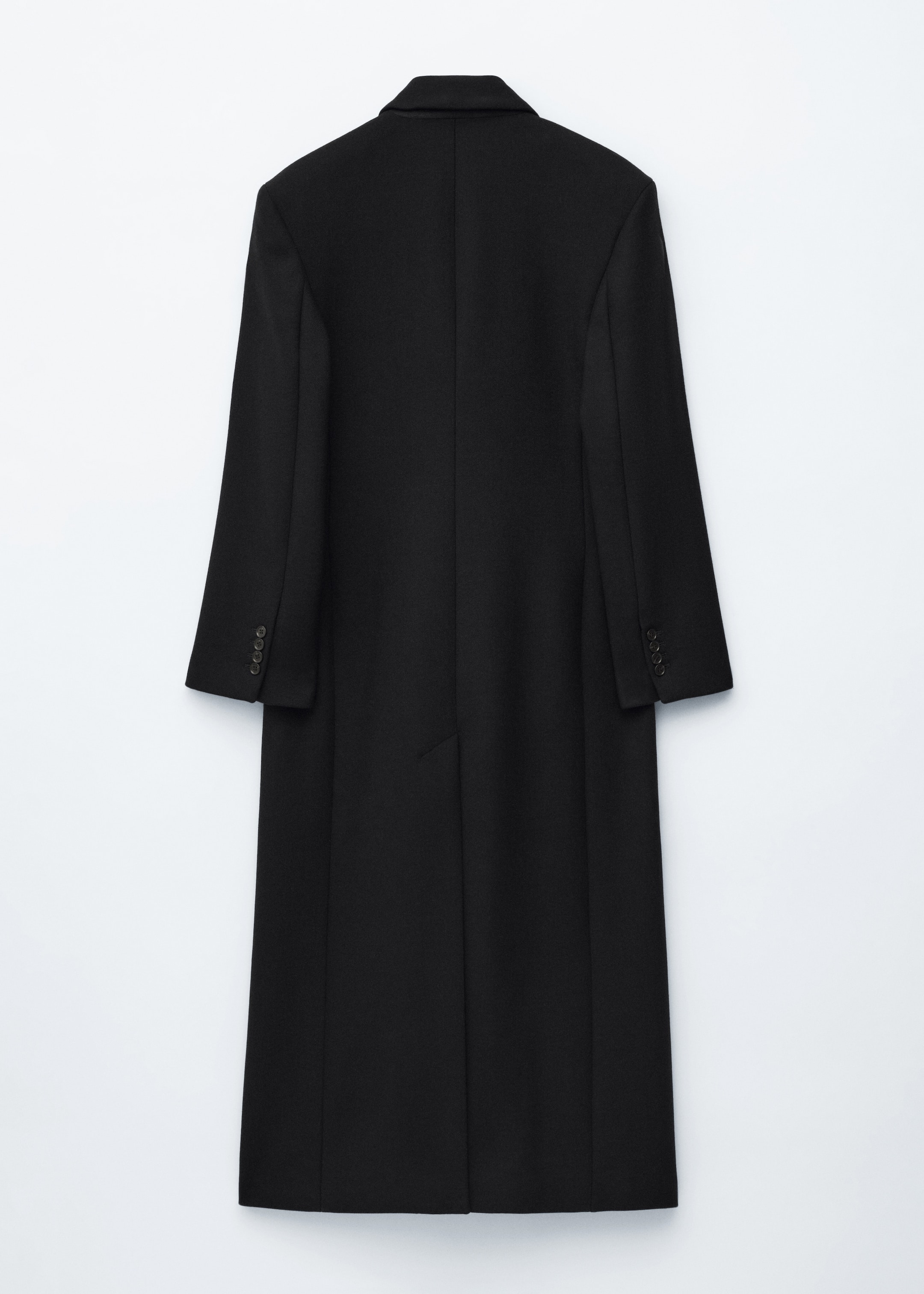 View larger image: A long, straight black wool-blend coat is being shown from the back, displaying structured shoulders, a central back seam, and buttoned cuffs, each with four visible buttons.