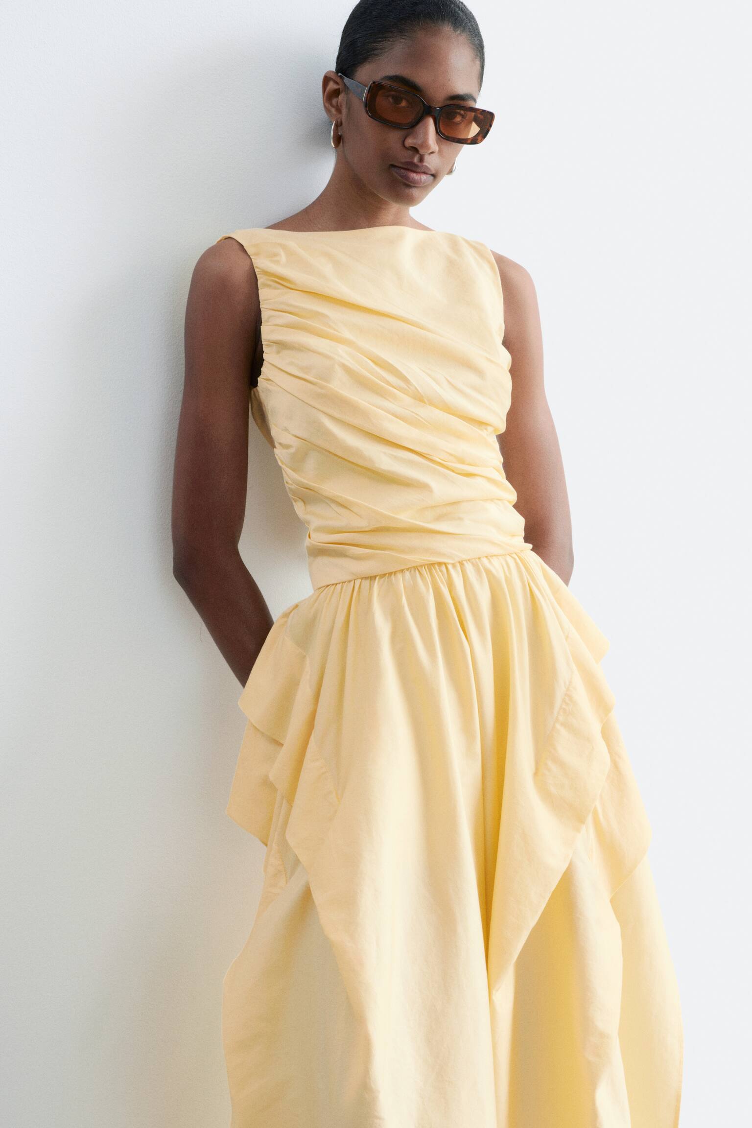 Fustă Midi Din Bumbac Cu Adunături - Galben/Alb Crem/Carouri - 3