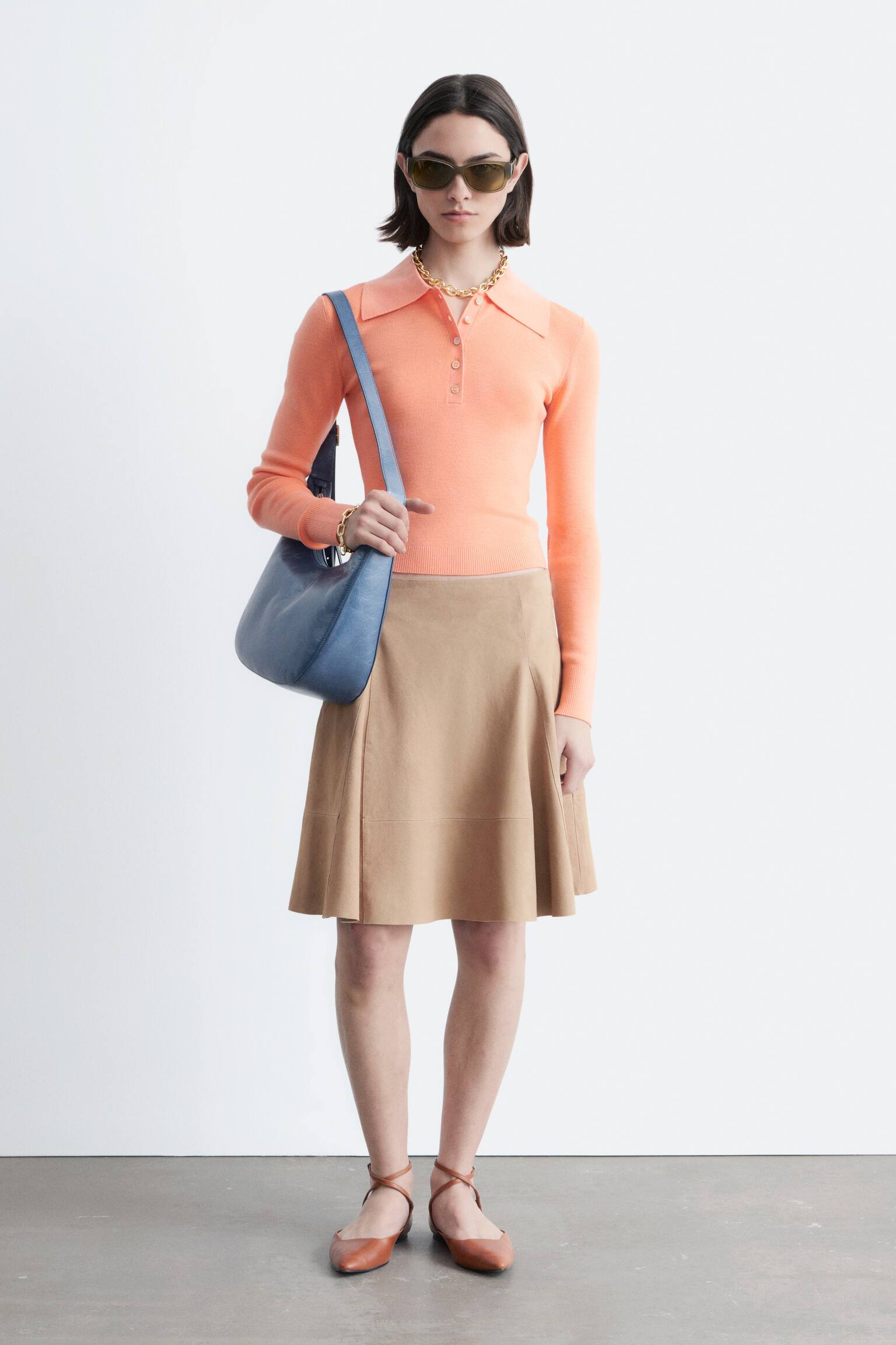 Rippstrick-Poloshirt aus Merinowolle - Pfirsich/Grau meliert/Dunkelbraun - 6