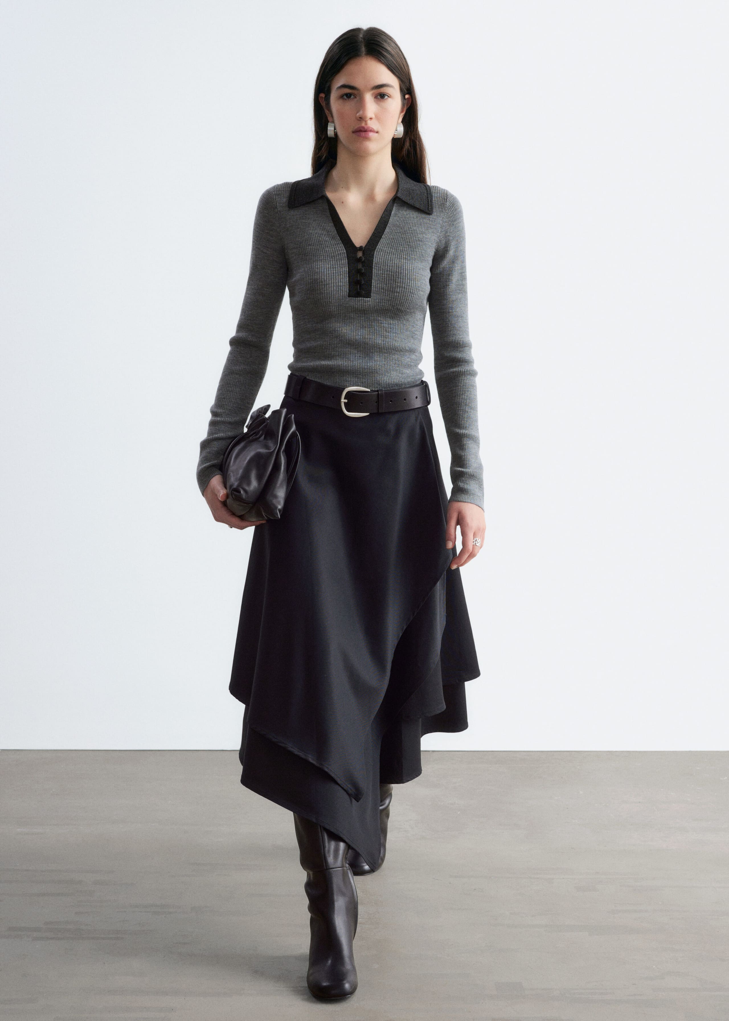 Button-Detail Wool Top - Dark Brown - Lookbook
