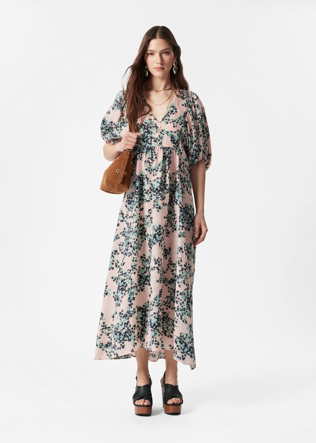 Robe longue à manches ballon - Motifs fleuris verts - Lookbook