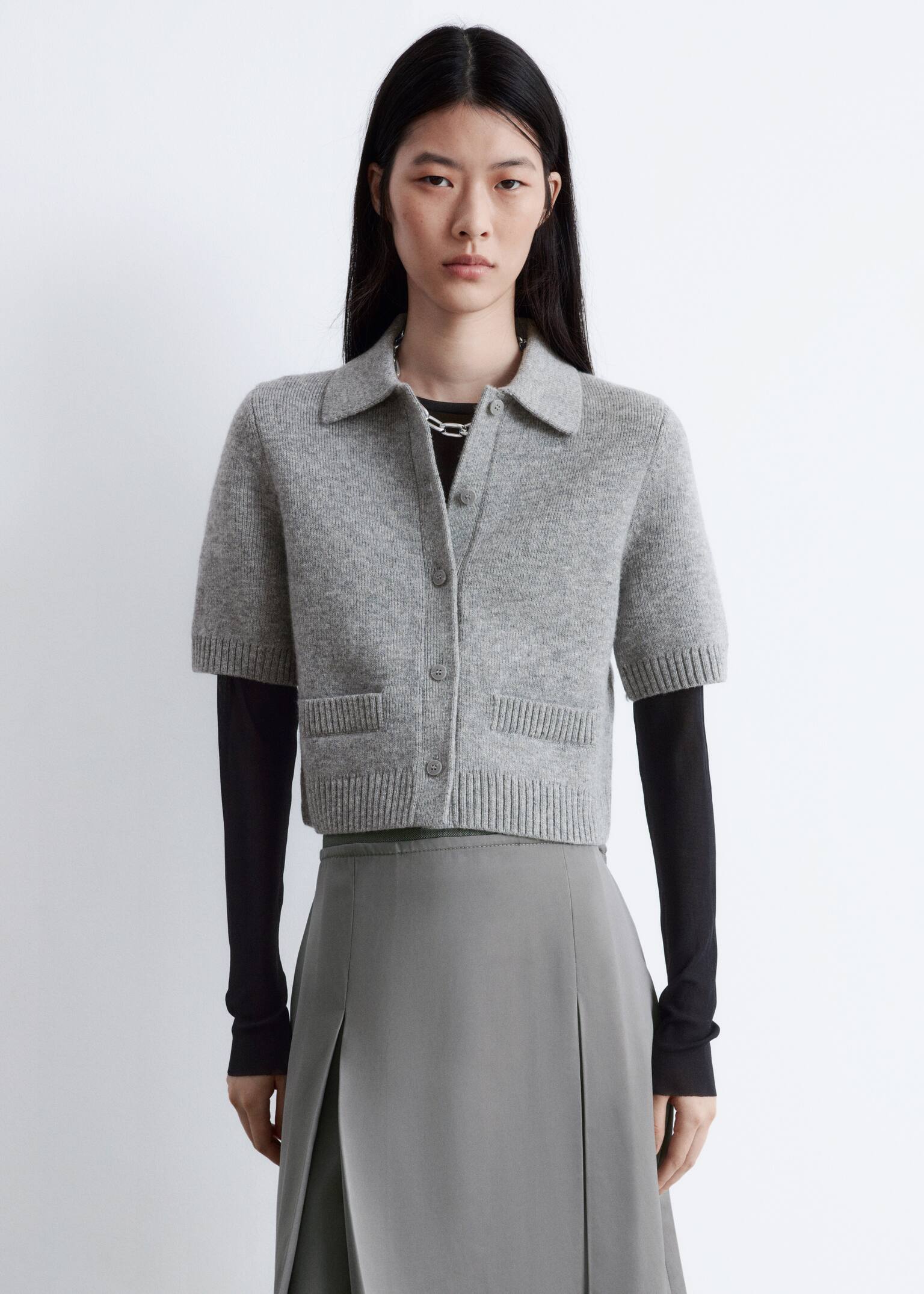 Knitted Short-Sleeve Cardigan - Grey - 4