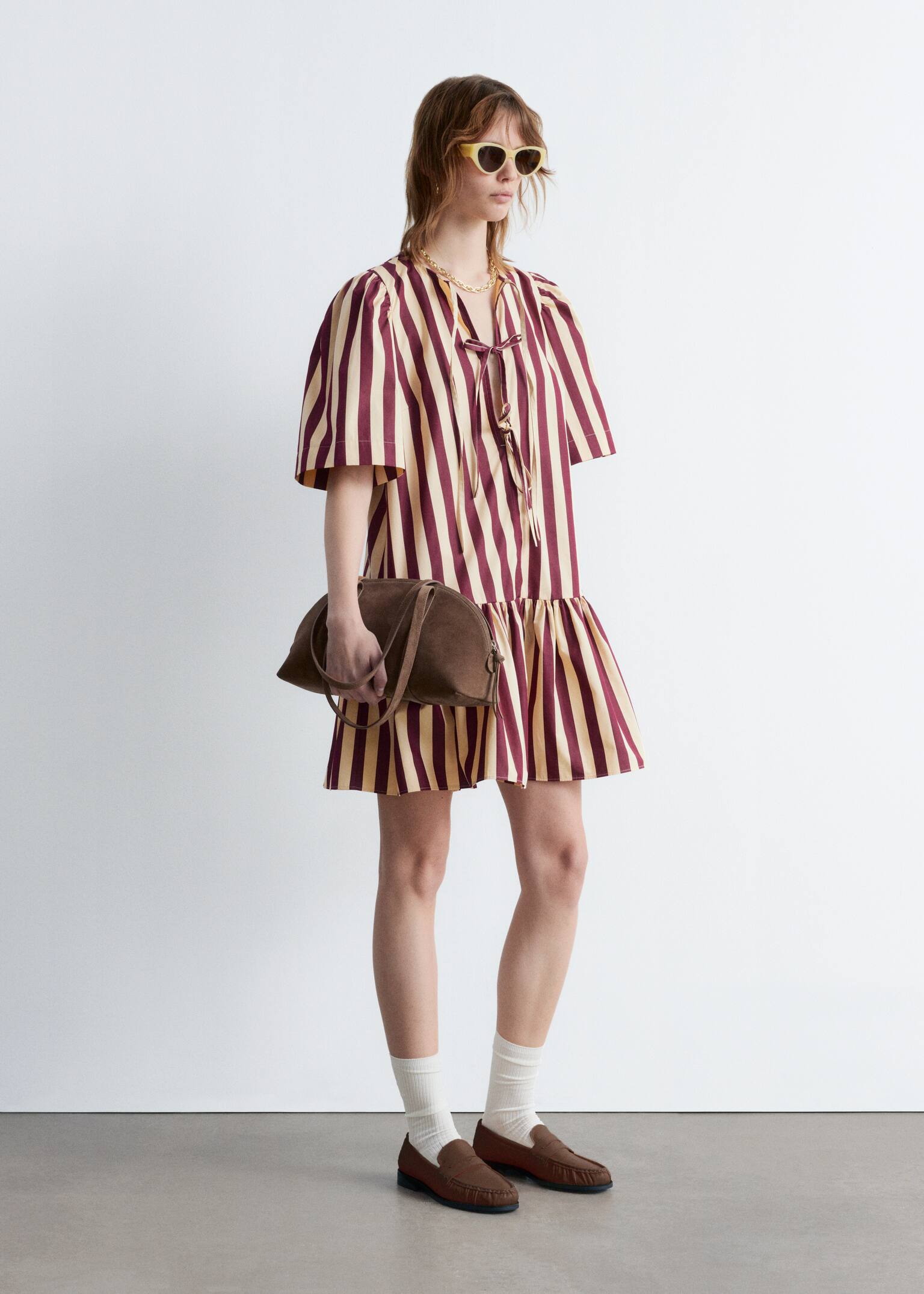 Rochie Mini Peplum - Dungi roșii/galbene/Roz închis/Alb - 4