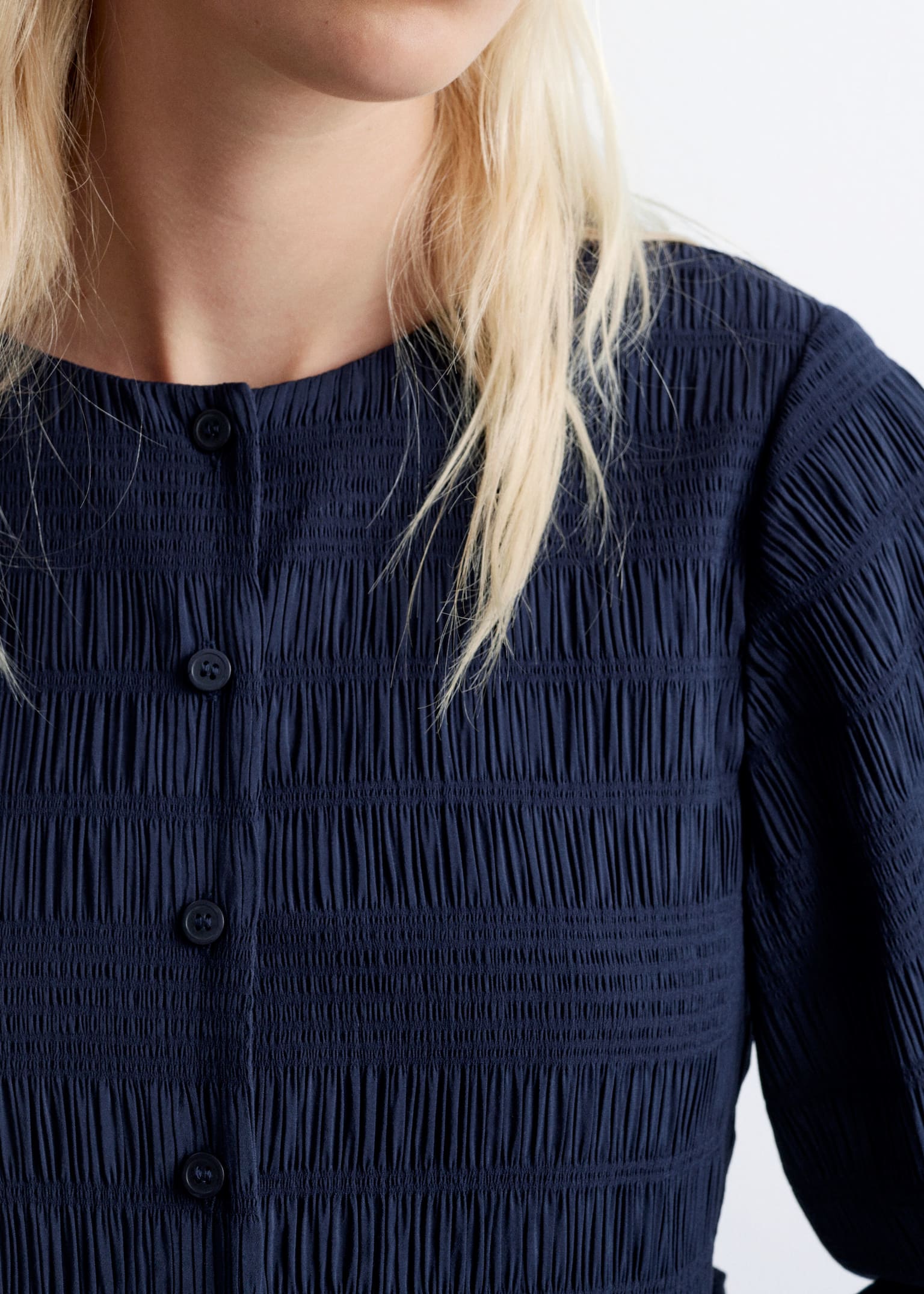 Smocked Balloon-Sleeve Mini Dress - Dark Blue/Dark Brown - 5