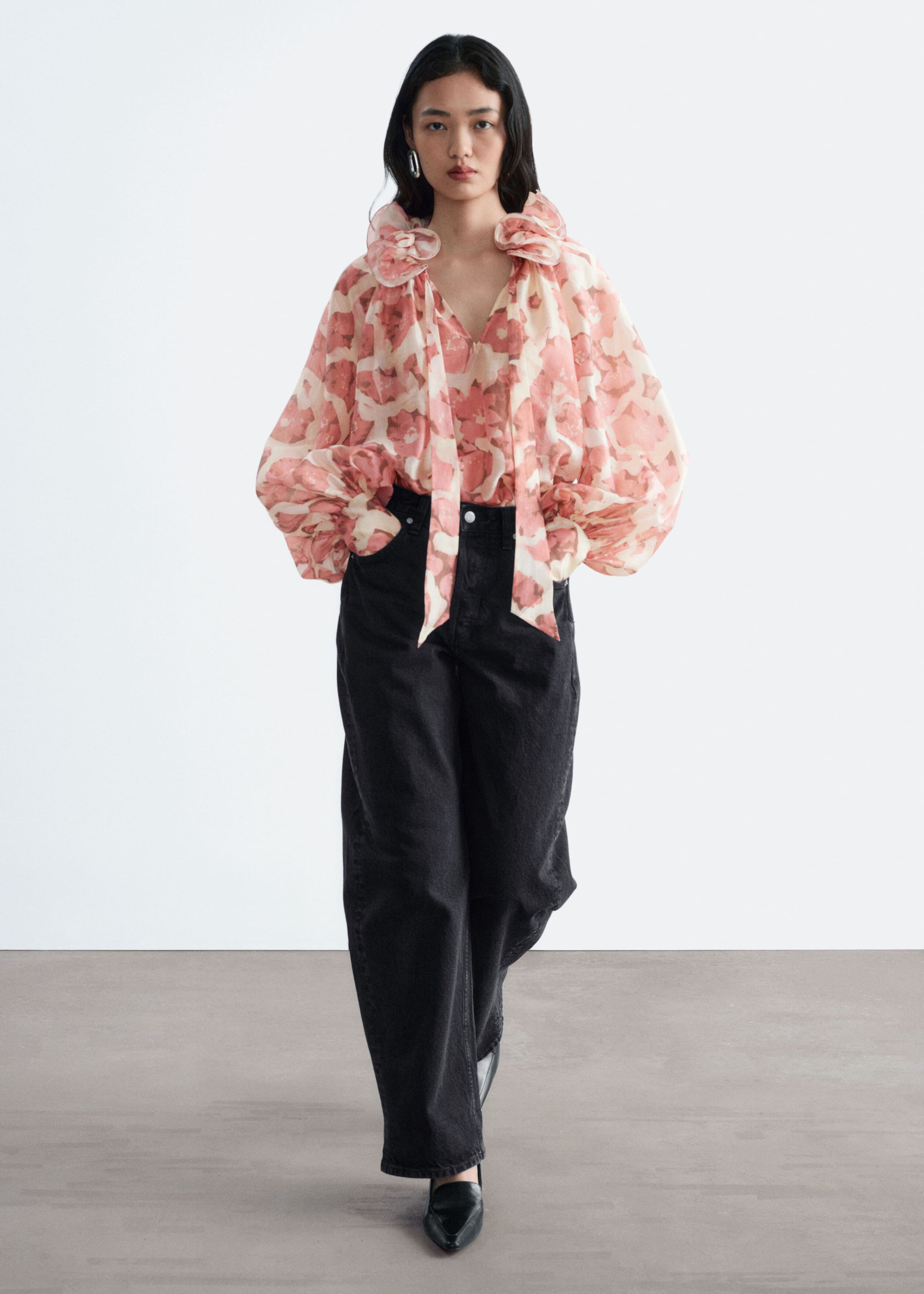 Ruffle Neck Voluminous Blouse - Pink/Florals - Lookbook