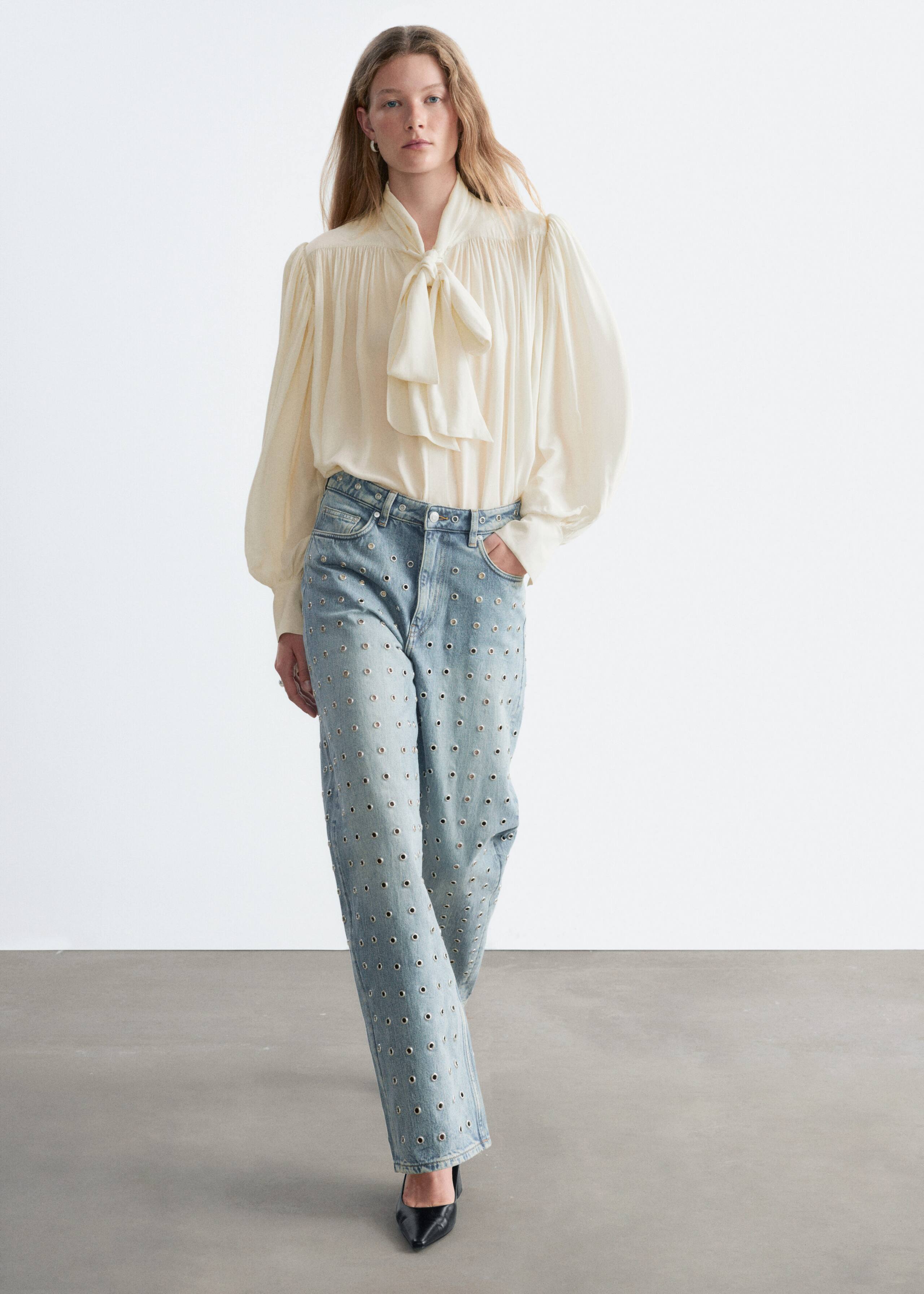 Tie-Neck Gathered Blouse - Off White - Lookbook