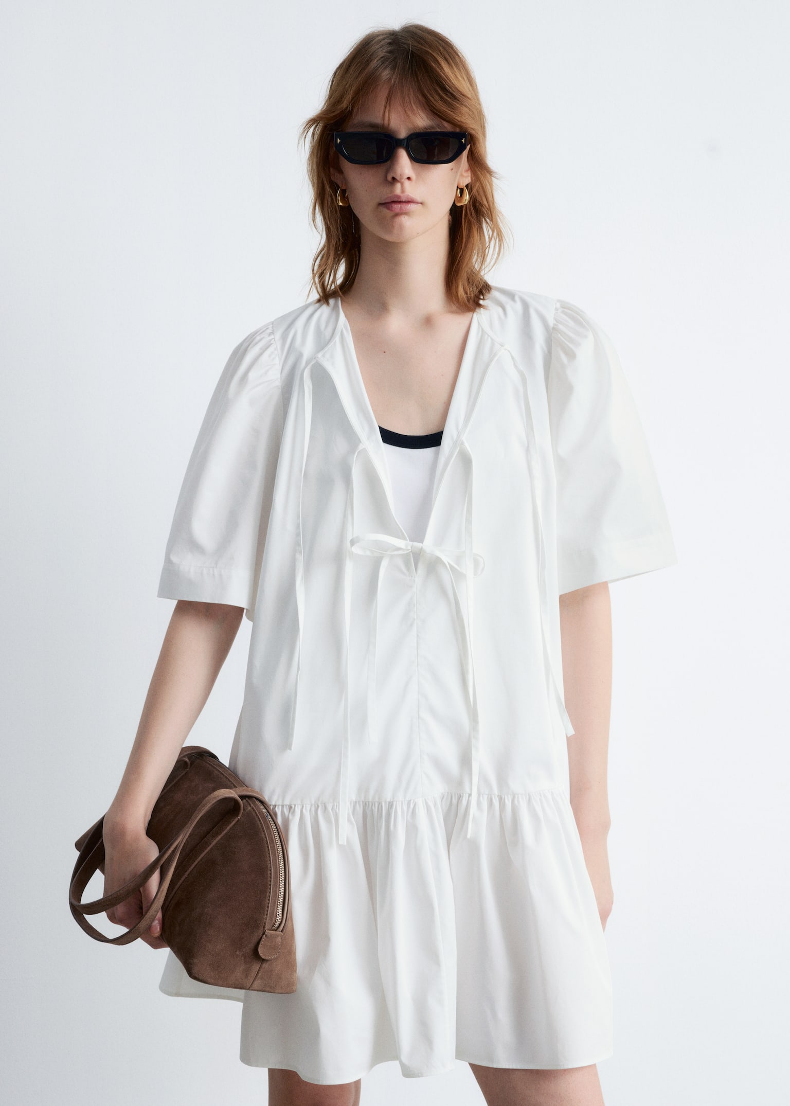 Rochie Mini Peplum - Alb/Roz închis/Dungi roșii/galbene