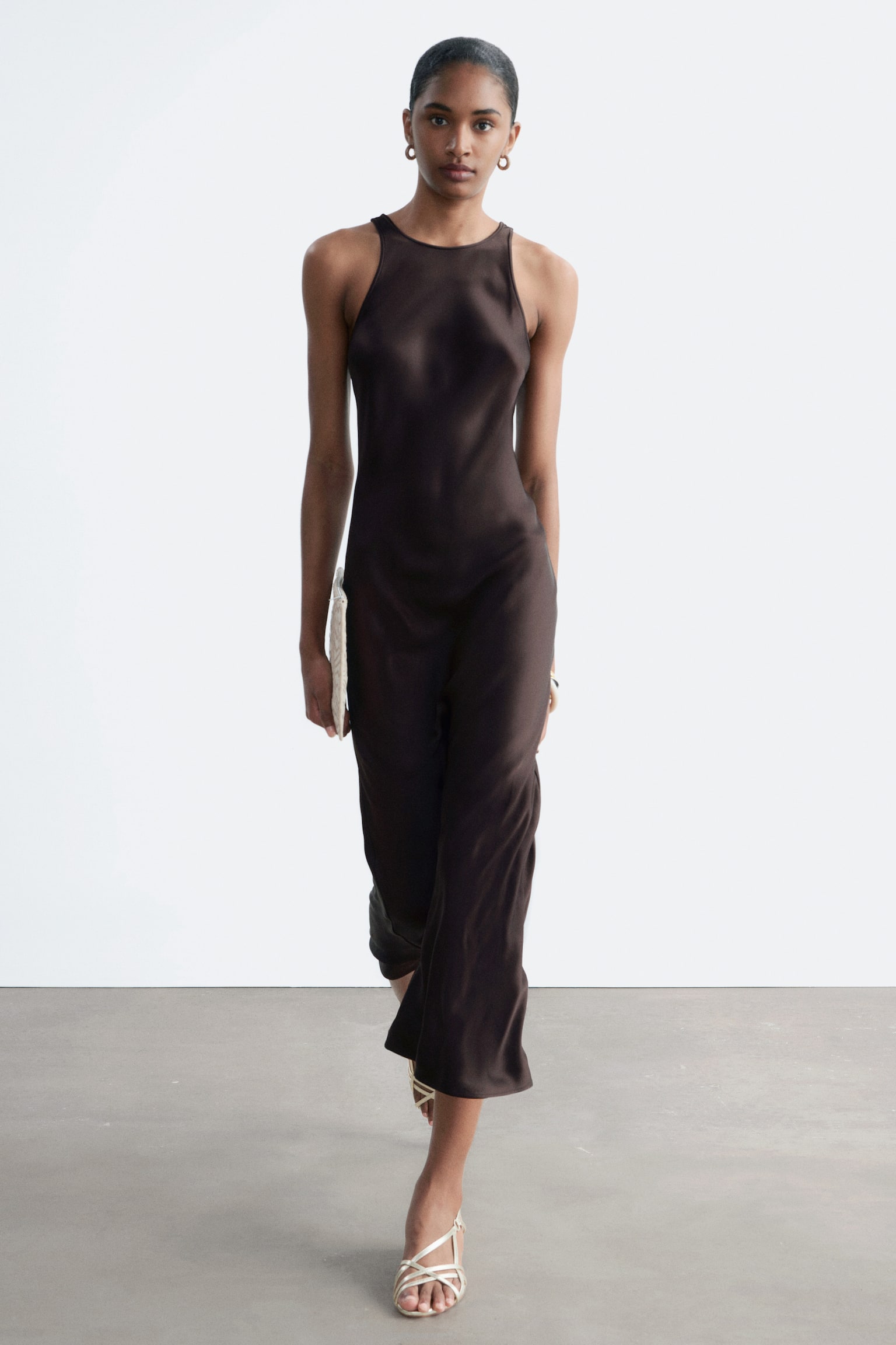 Sleeveless Satin Midi Dress - Dark Brown - 1