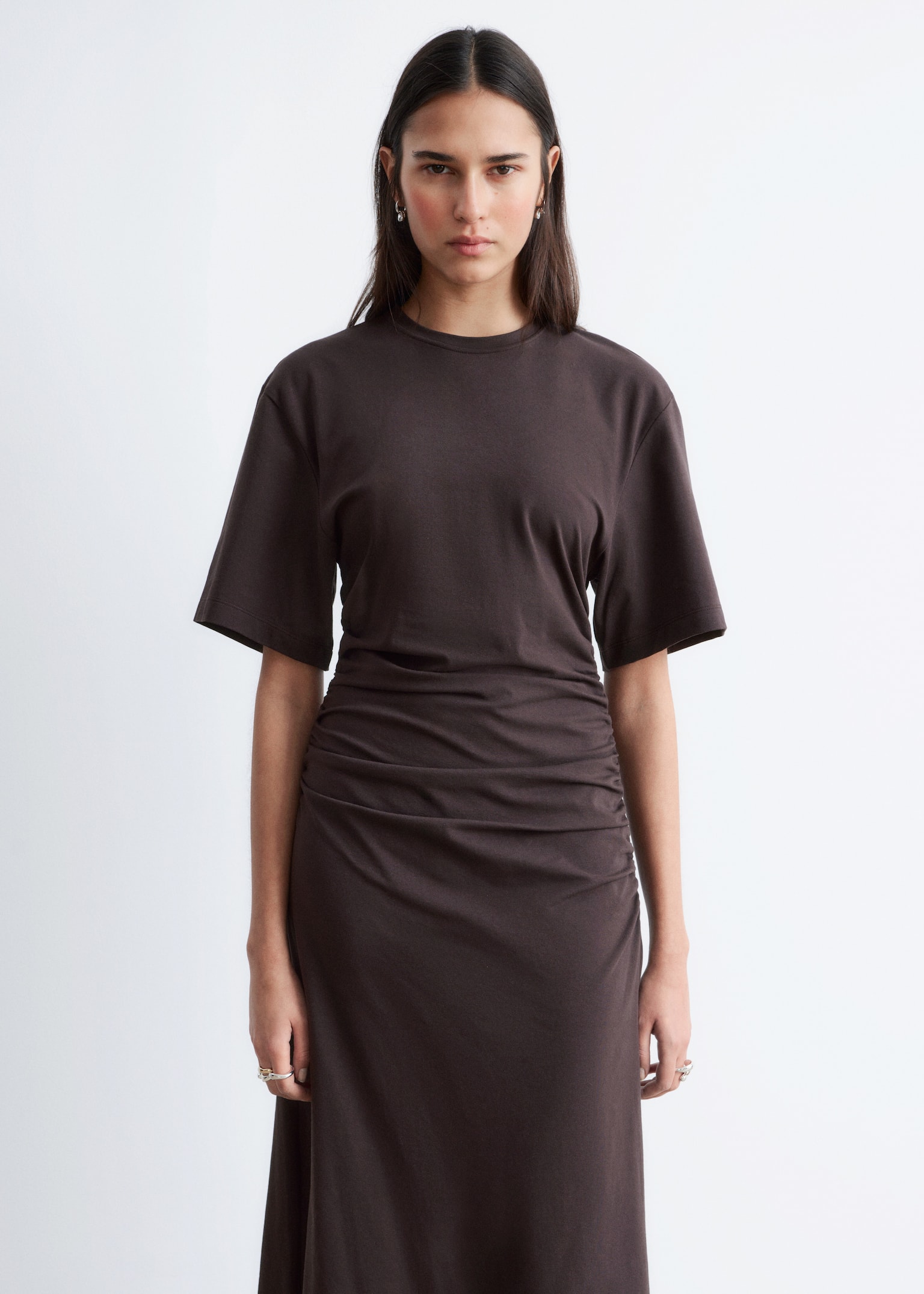 Robe T-shirt midi asymétrique - Marron foncé/Gris clair - 3
