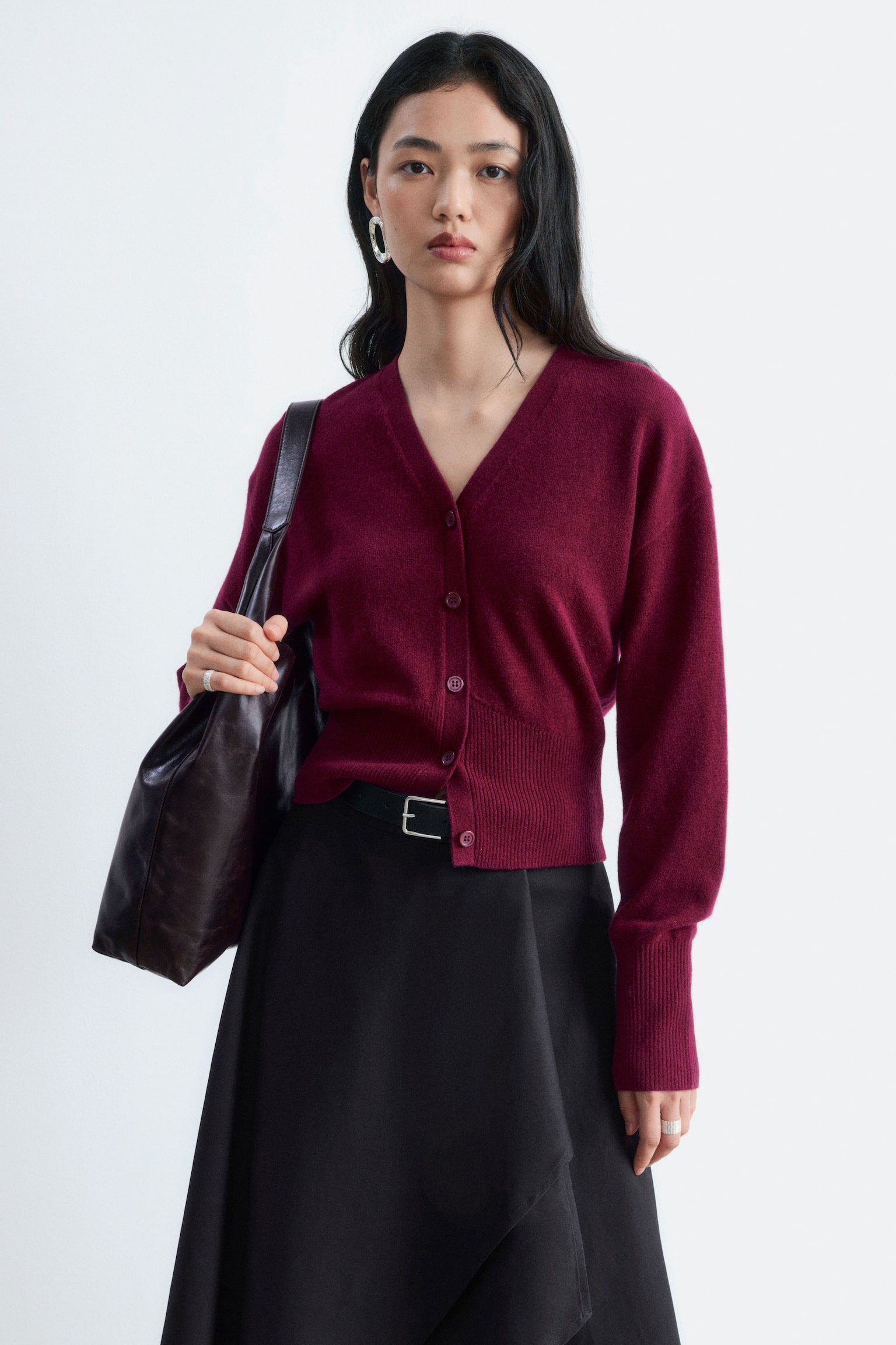 Cardigan style corset côtelé en laine - Bordeaux/Rose clair/Marron foncé - 1