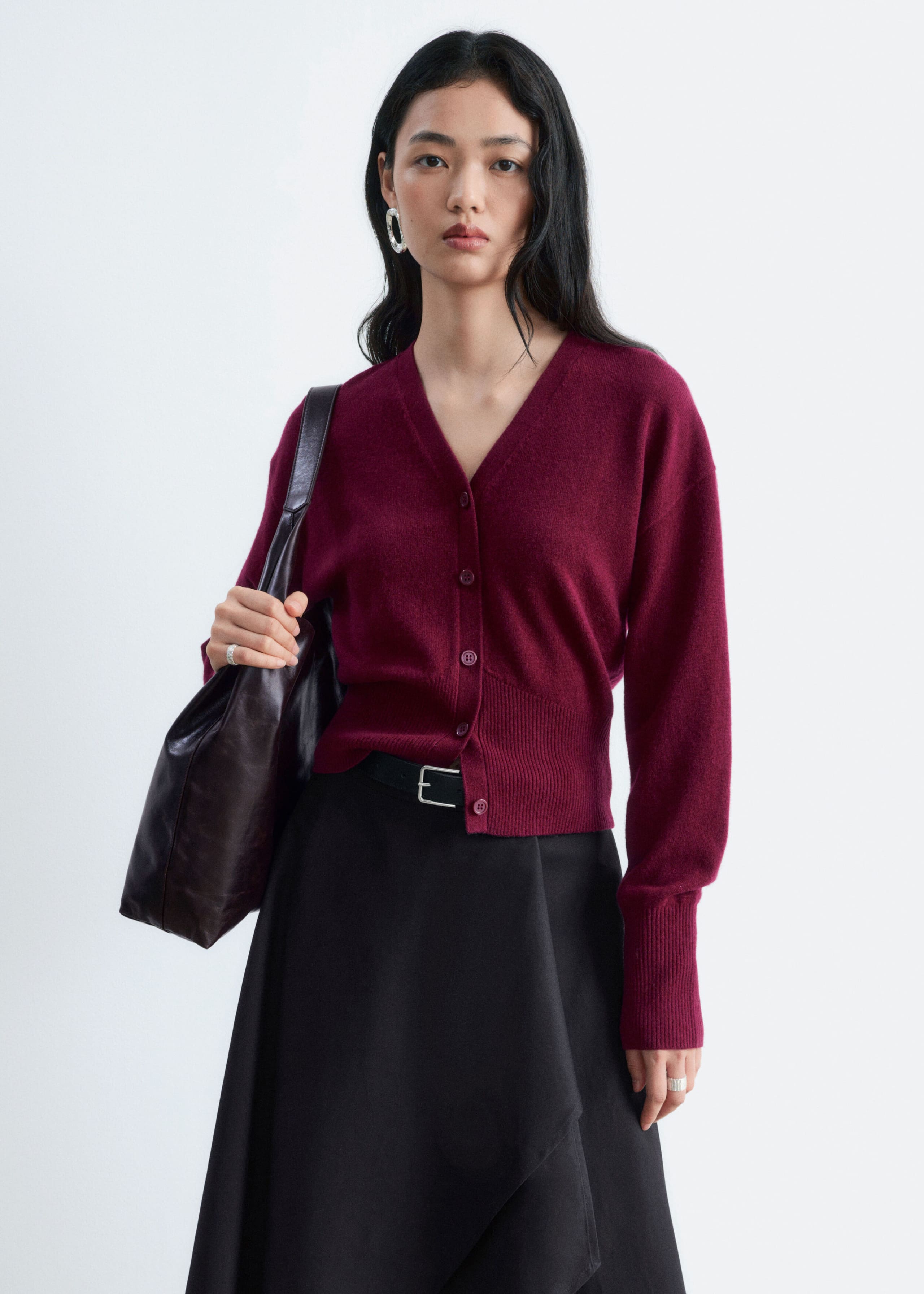 Wool Corset Rib Cardigan - Burgundy - Lookbook