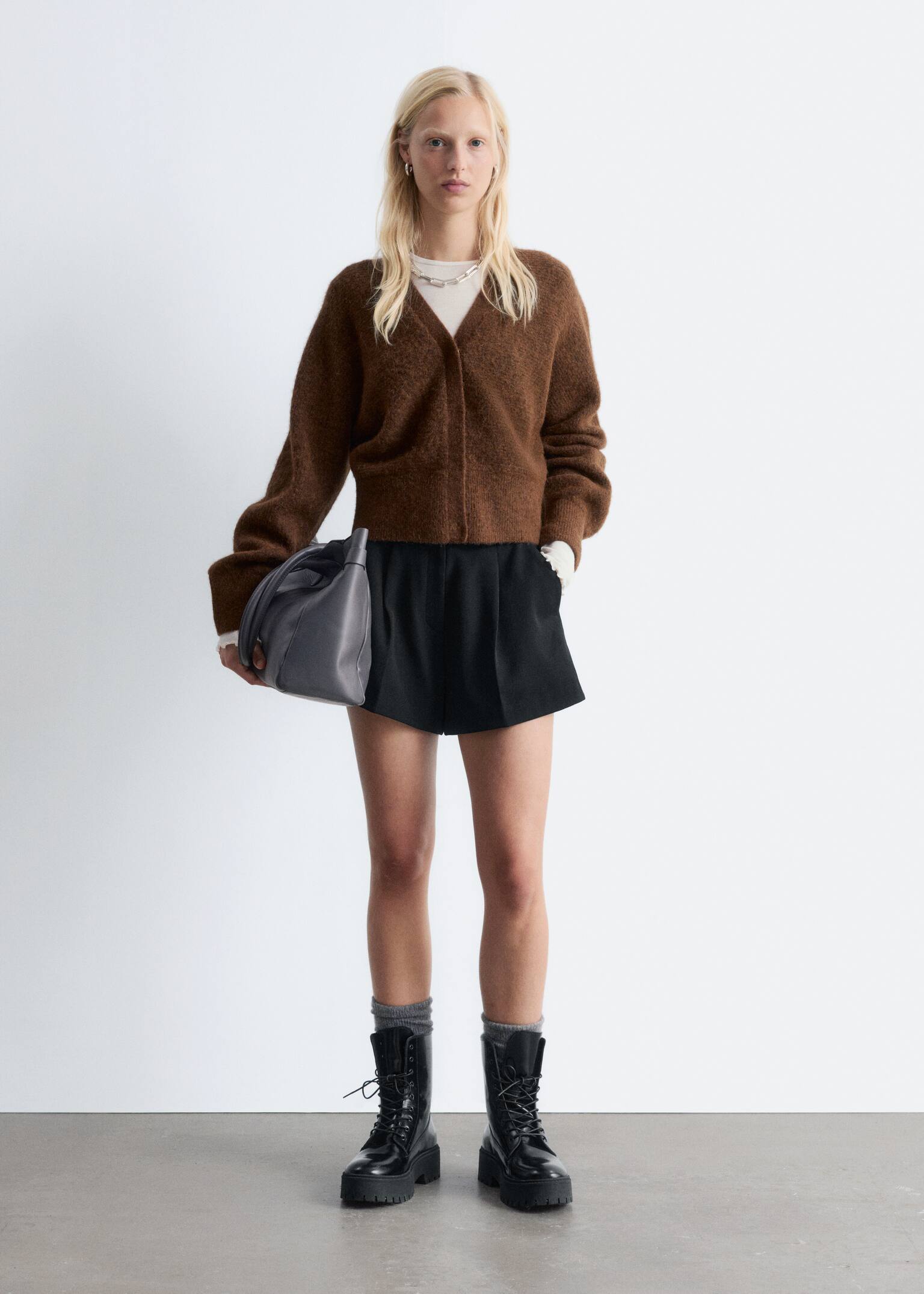 Cropped Alpaca-Blend Cardigan - Brown/Light Purple - 4