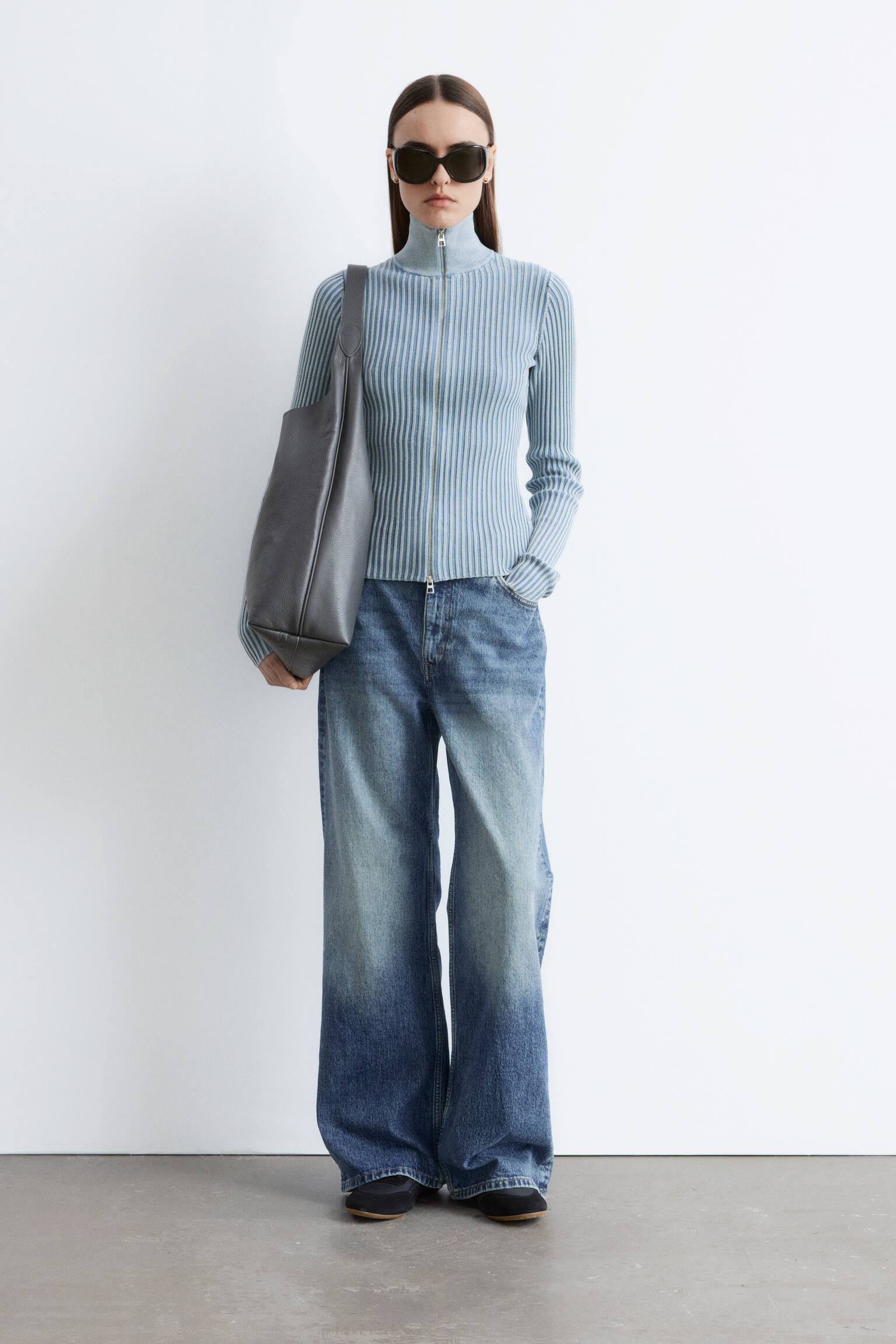 Rozpinany kardigan z golfem - Przydymiony niebieski - 3