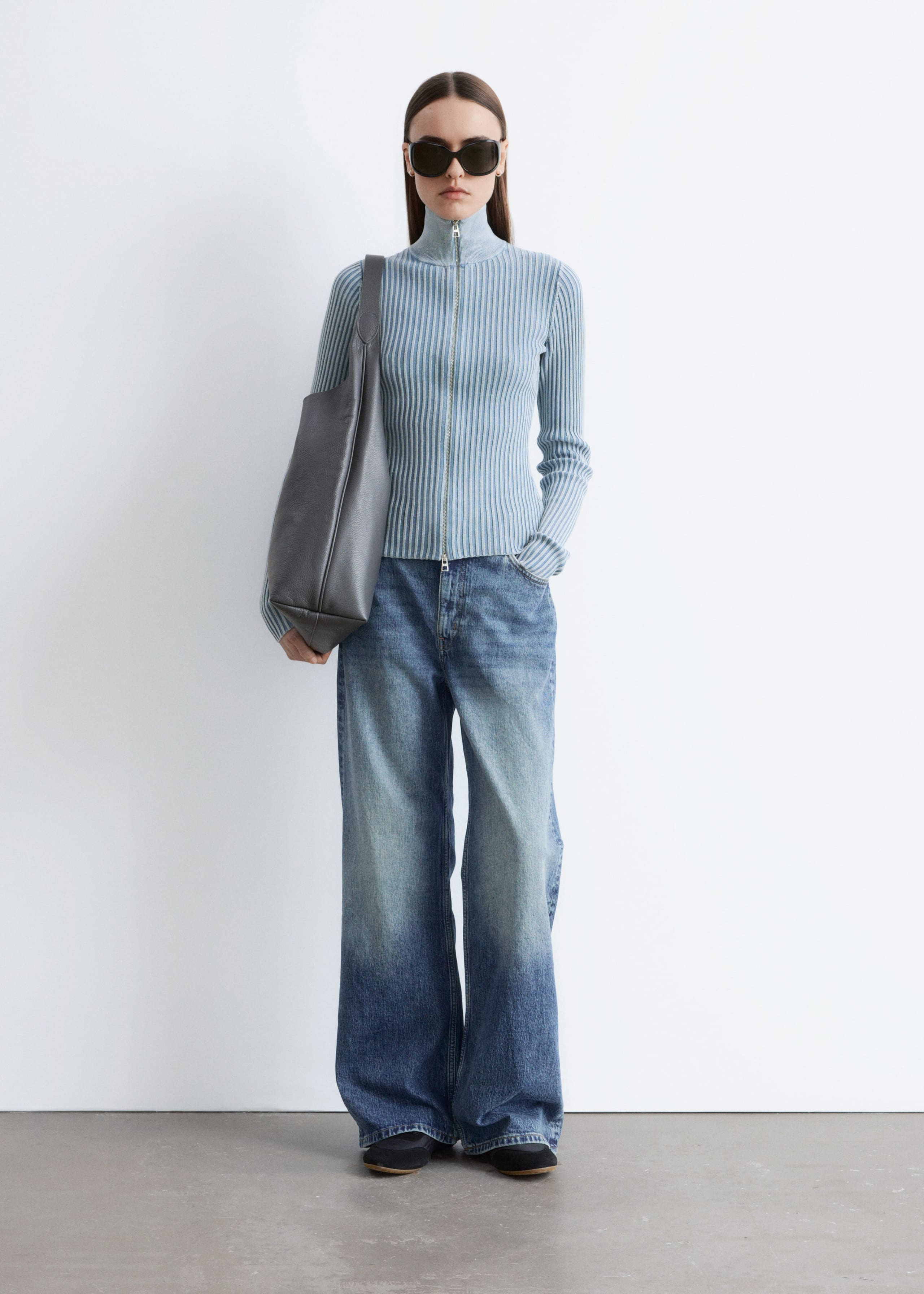 Zip-Up Turtleneck Cardigan - Dusty Blue - Lookbook