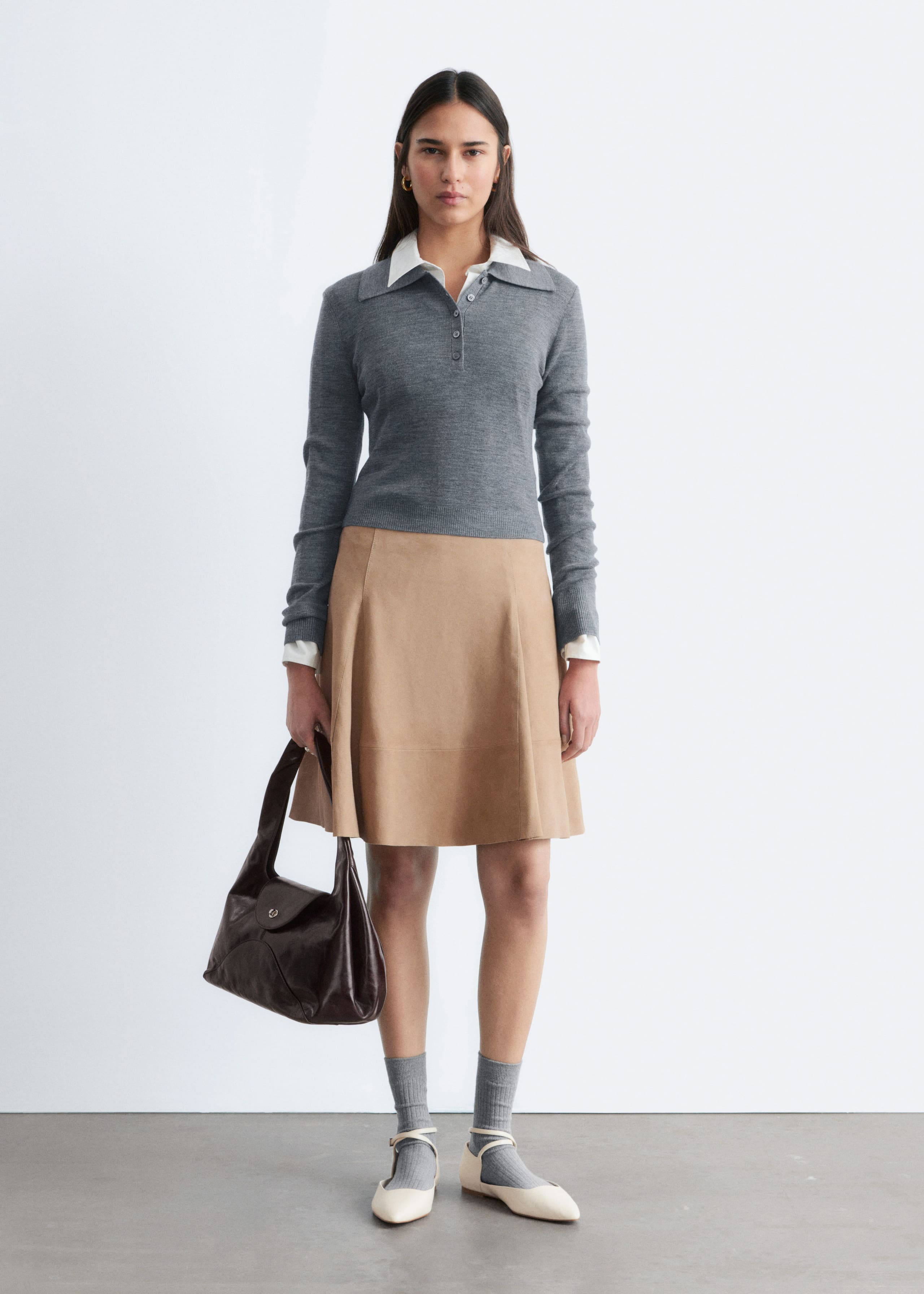 Knee-length A-line Suede Skirt - Beige - Lookbook