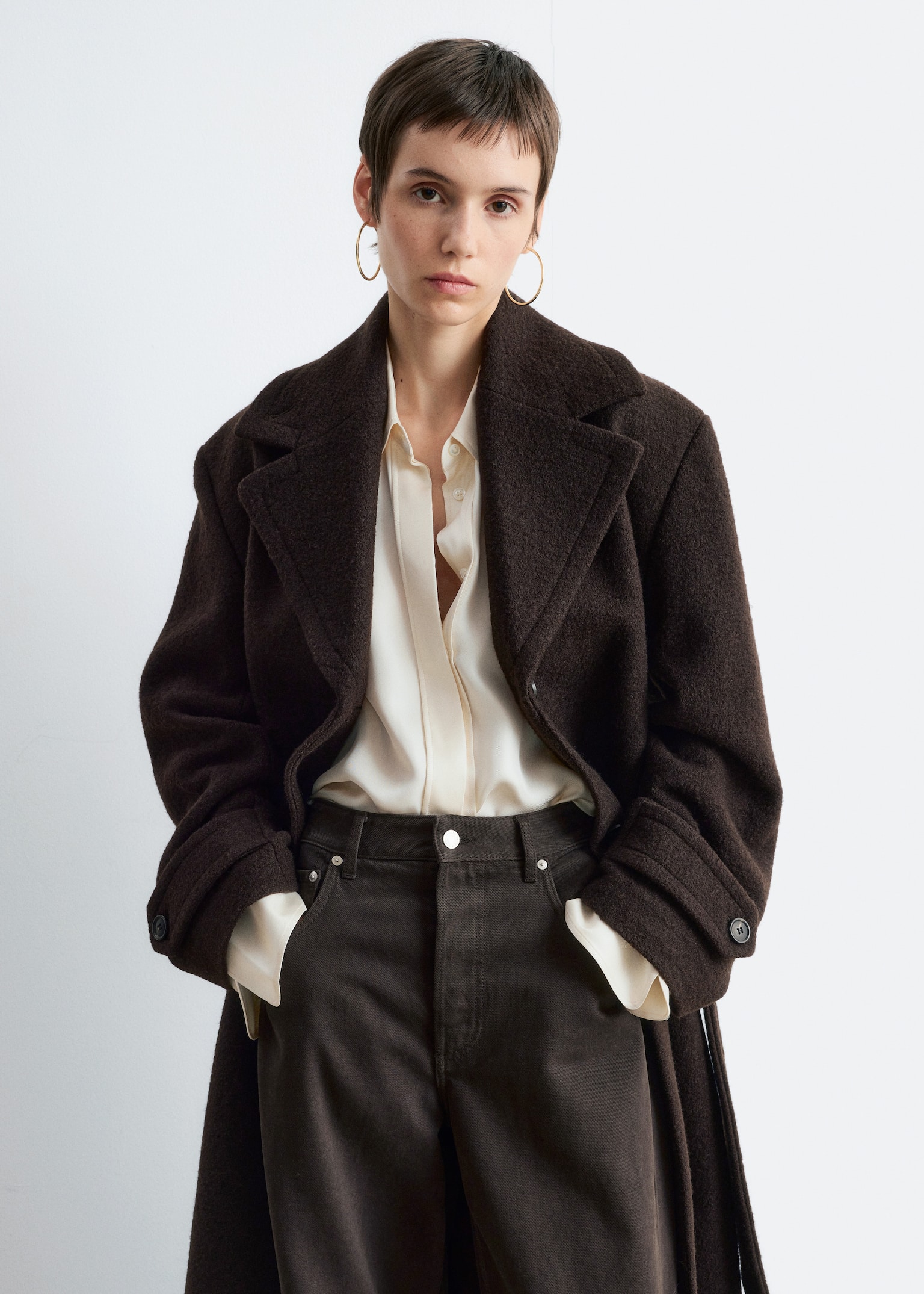 Tie-Belt Wool Coat - Dark Brown/Black - 7