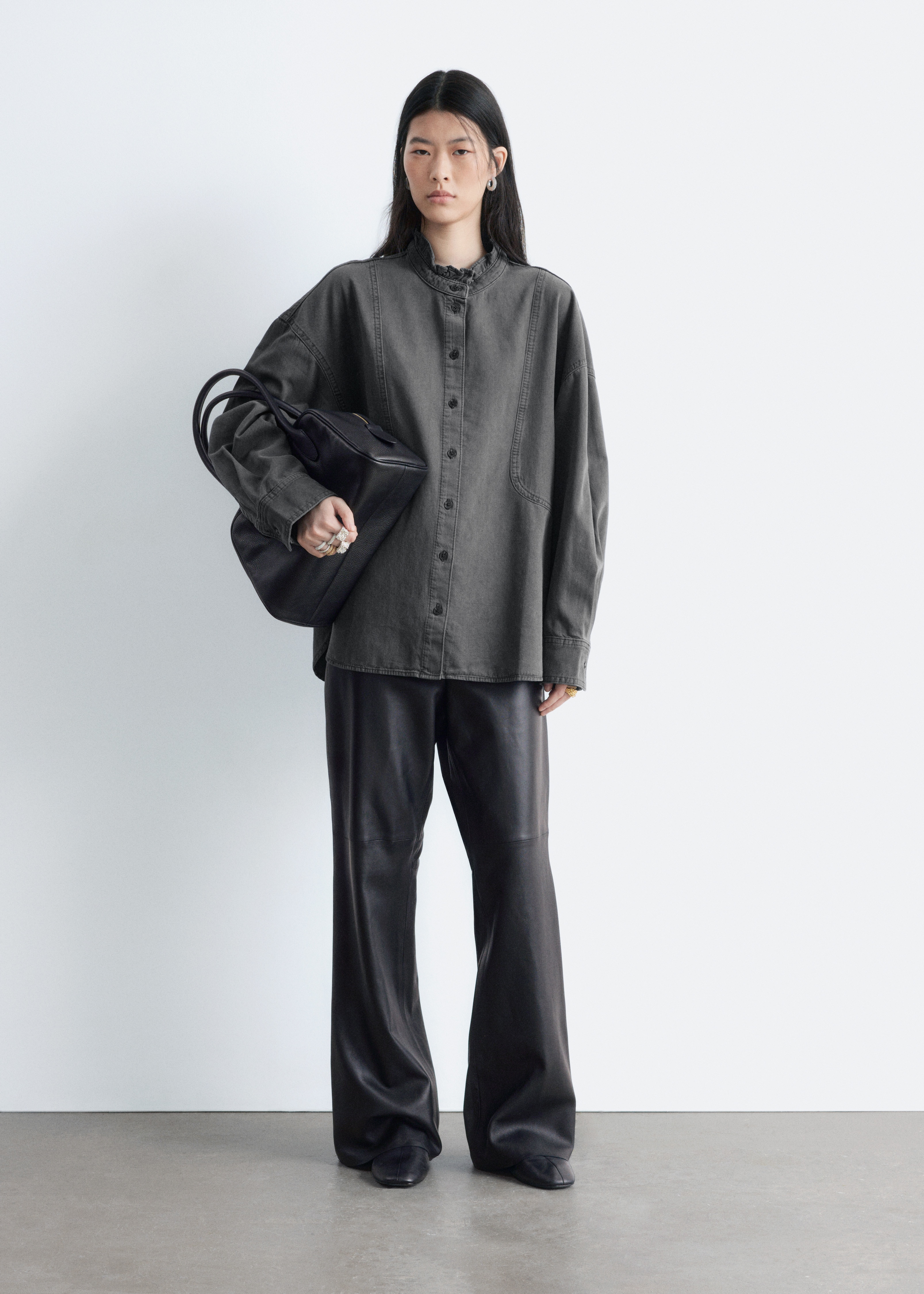 Denim blouse met ruches aan de kraag - Grijs