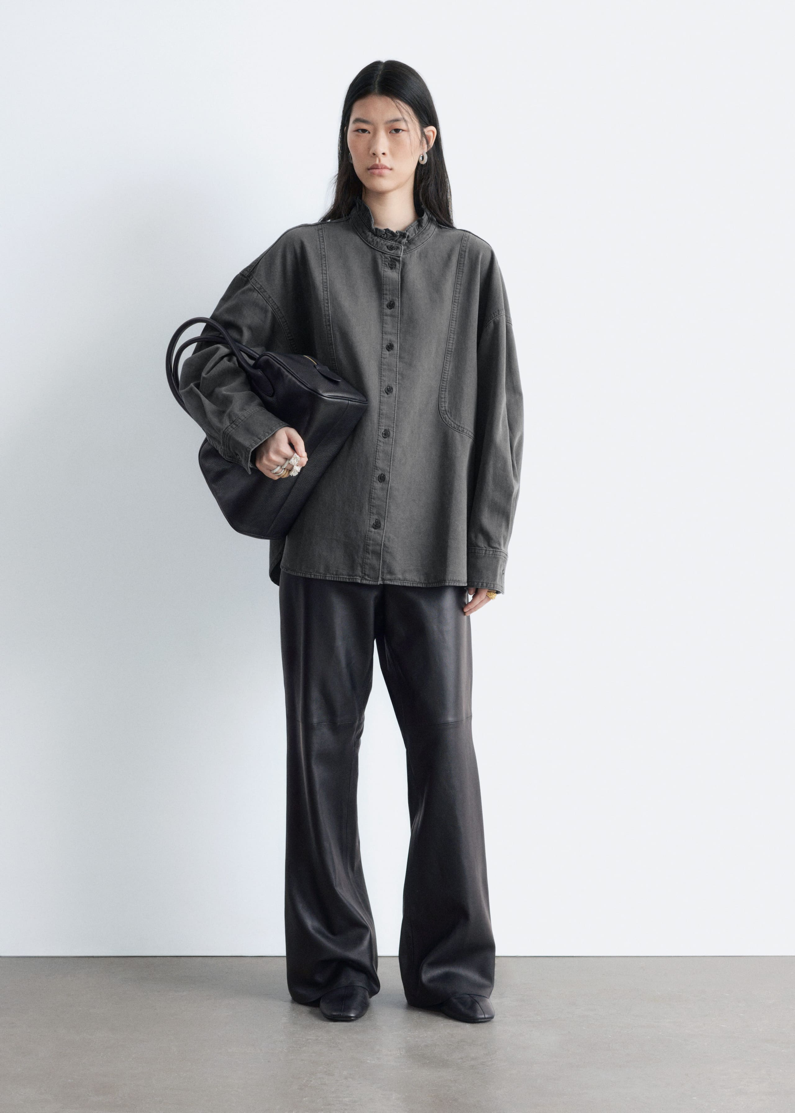 Image of Frill-Collar Denim Blouse