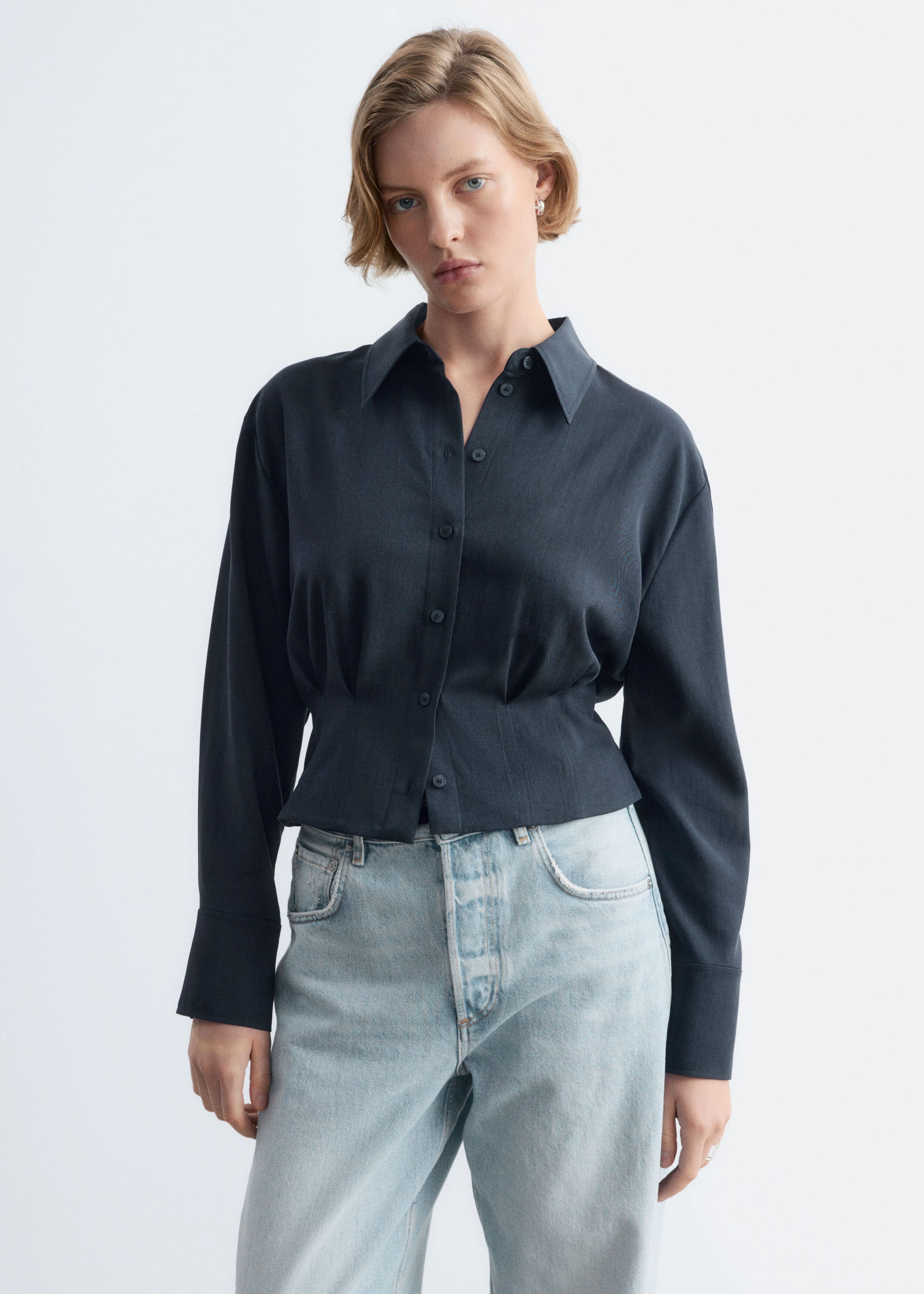 Overhemd met geplooide taille - Donkerblauw - Lookbook
