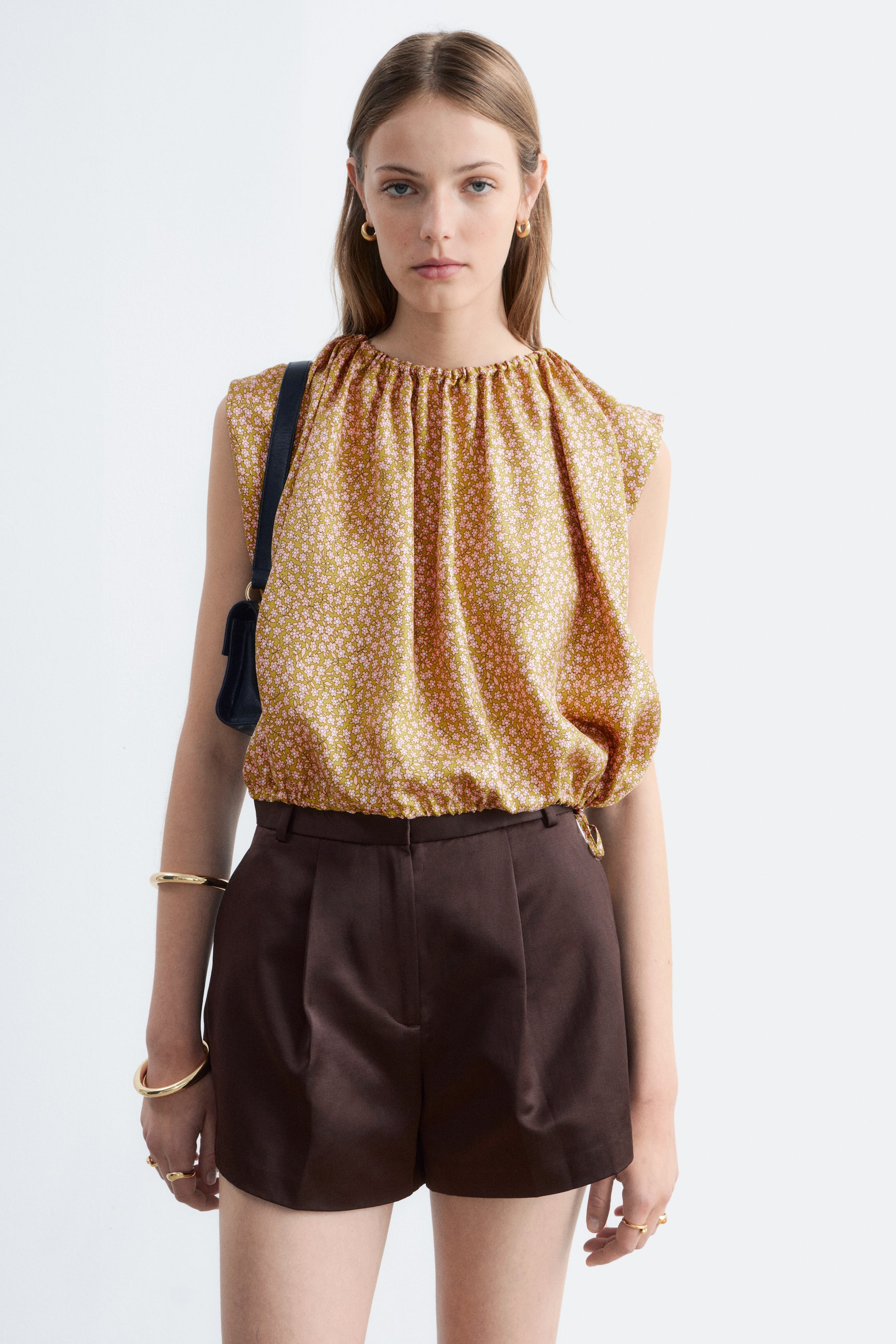 View larger image: Printed Drawstring Silk Top - Green/Pink Florals - Ladies | H&M GB 1