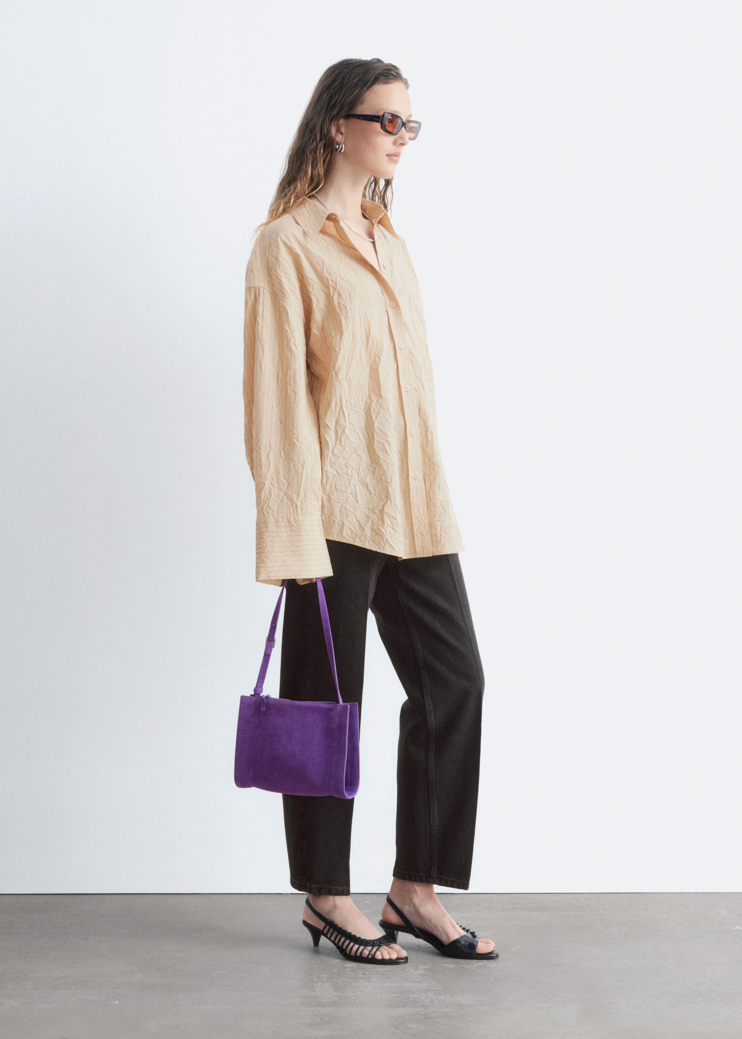 Crinkled Oversized Shirt - Beige - Lookbook