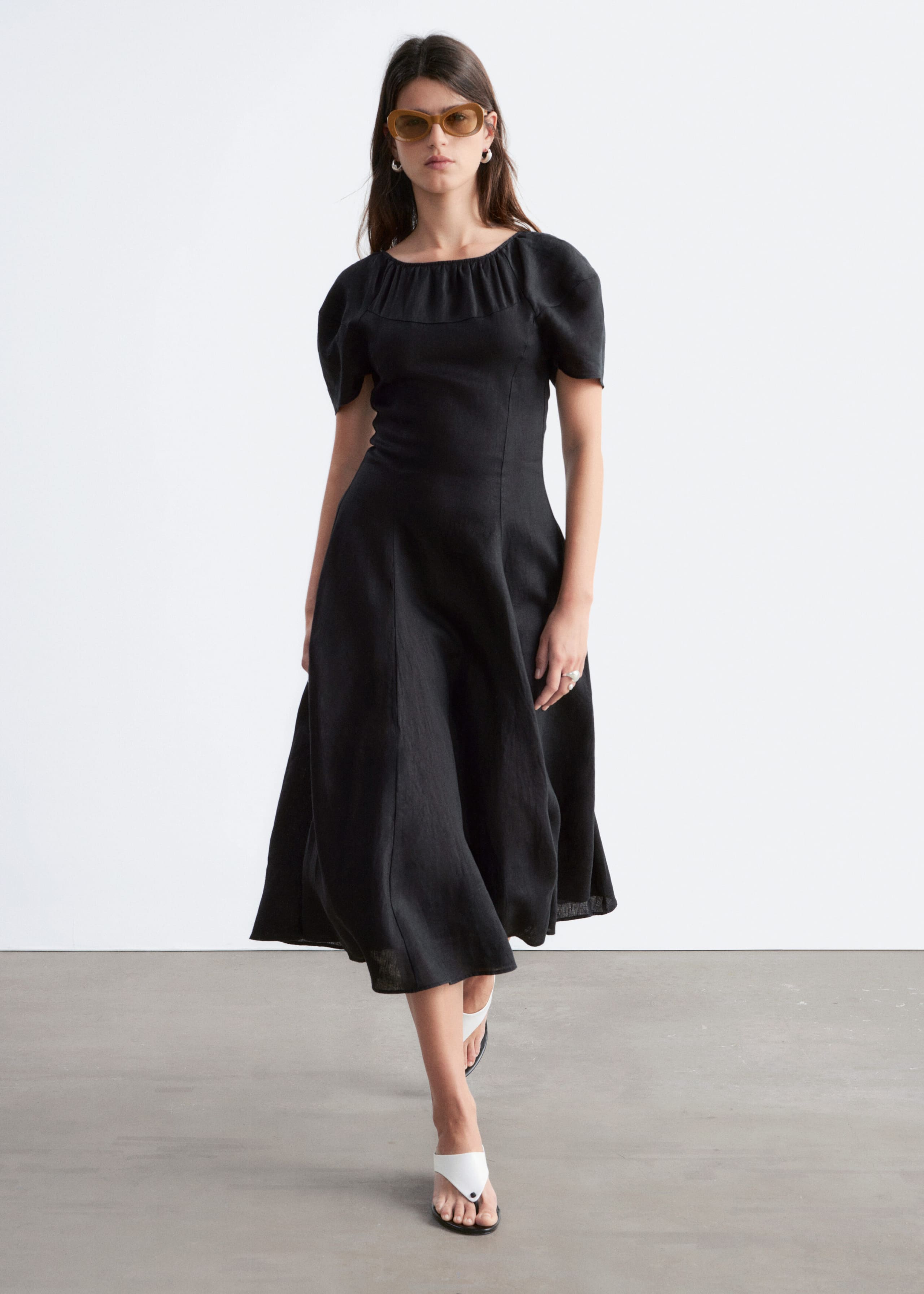 Flared Linen Midi Dress - Light Blue - Lookbook