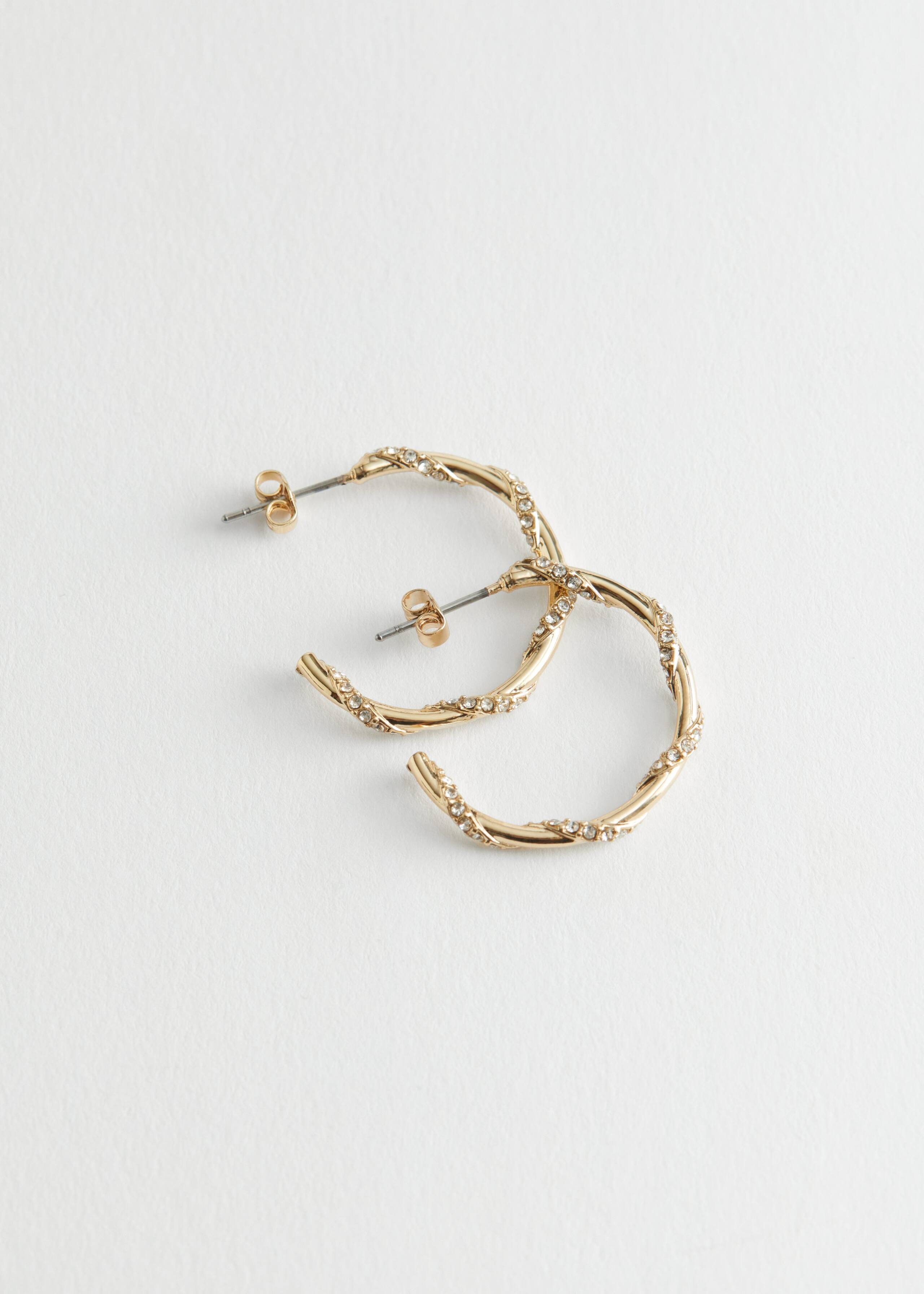 Twisted Rhinestone Hoop Earrings - Gold - Still Life