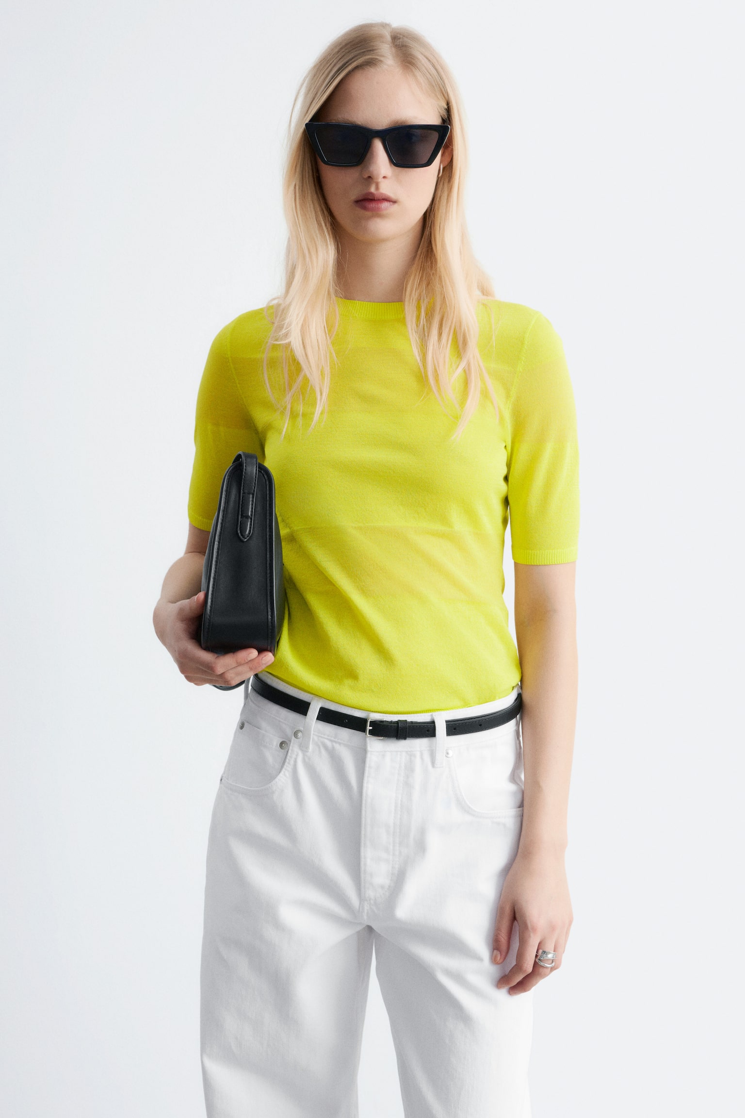 T-shirt en mailles fines - Jaune vif/Beige/Turquoise - 1