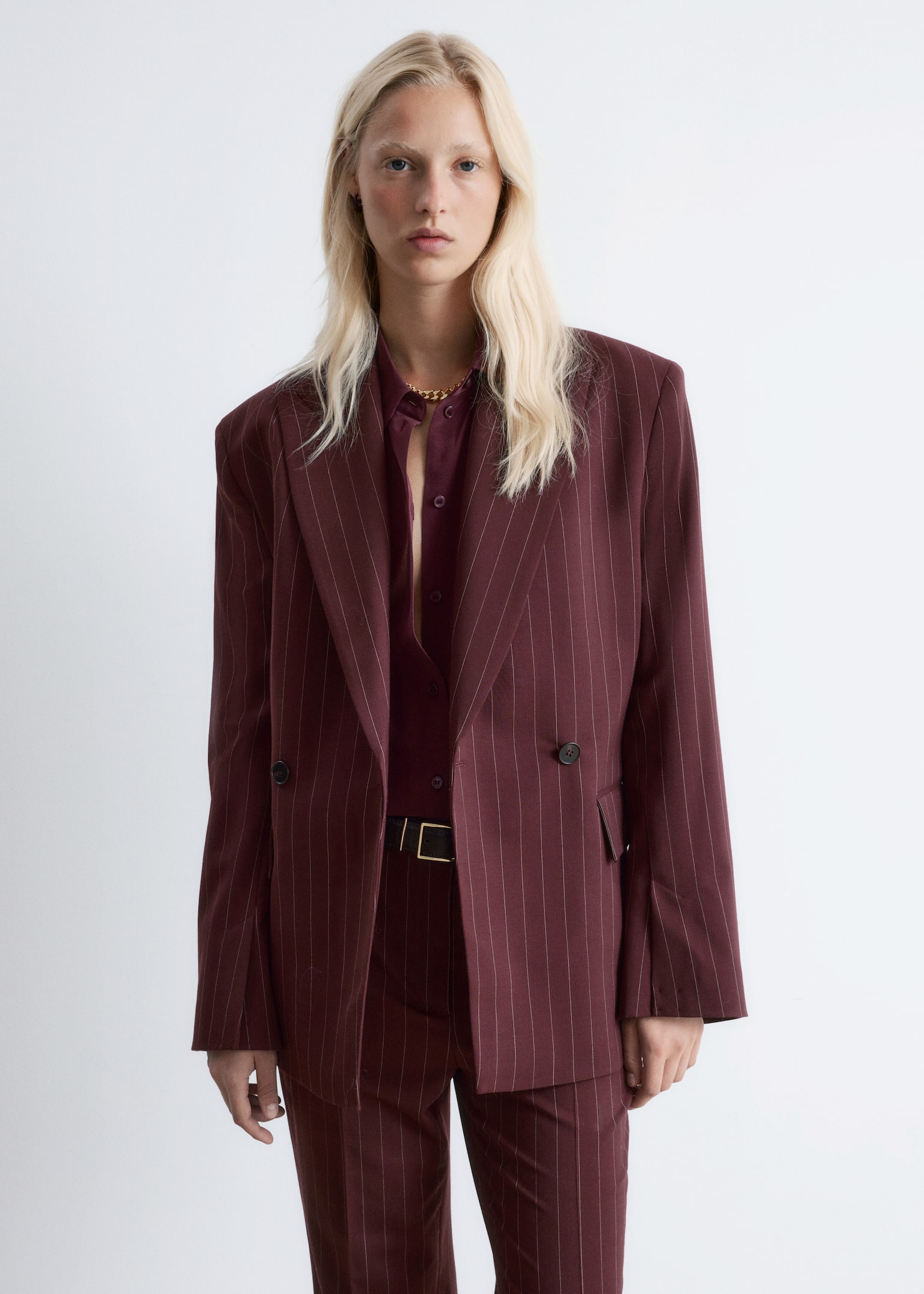 Double-Breasted Wool Blazer - Burgundy Pinstripe - 5