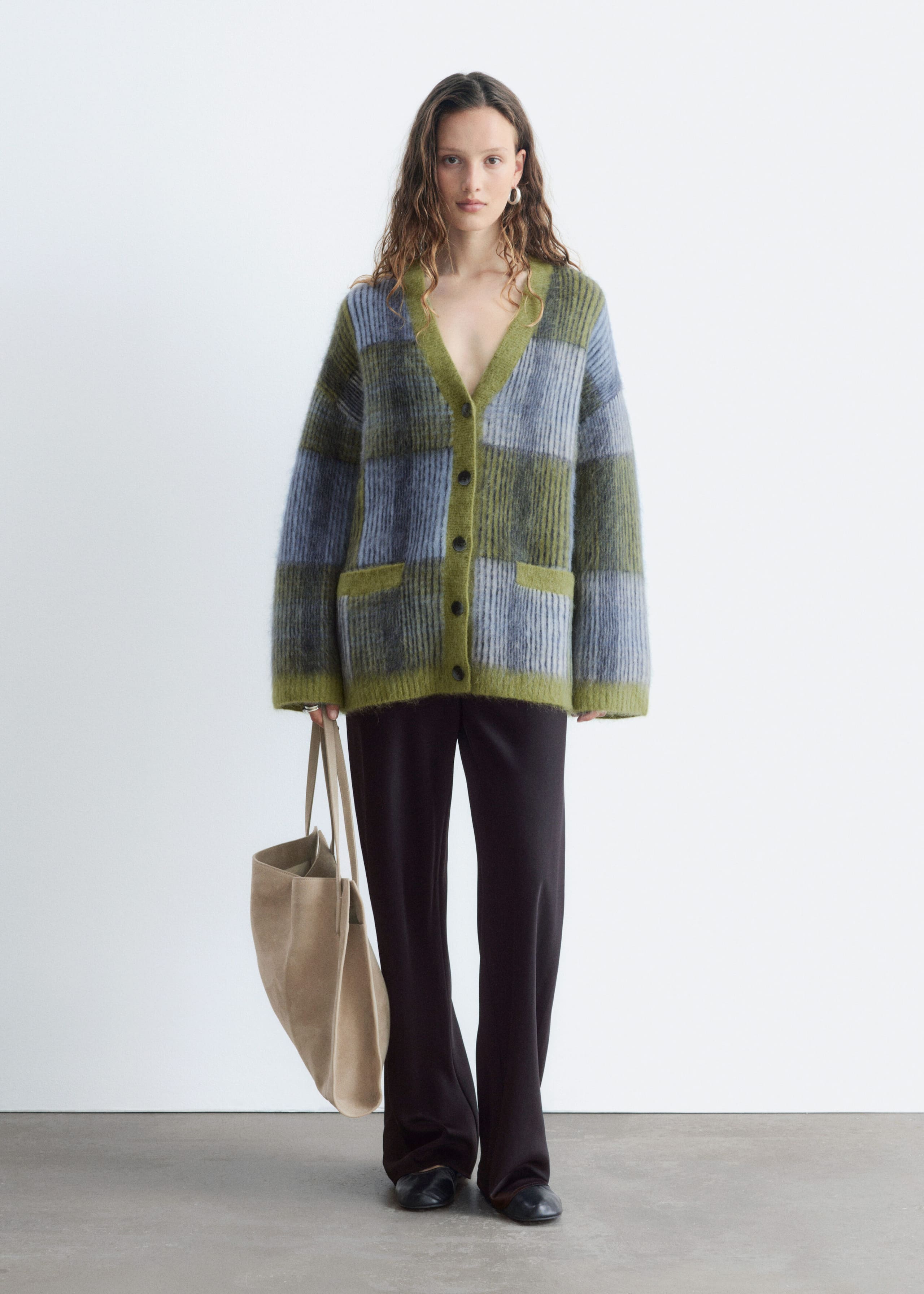 Cardigan i mohairblandning – Grön/flerfärgad – stilleben