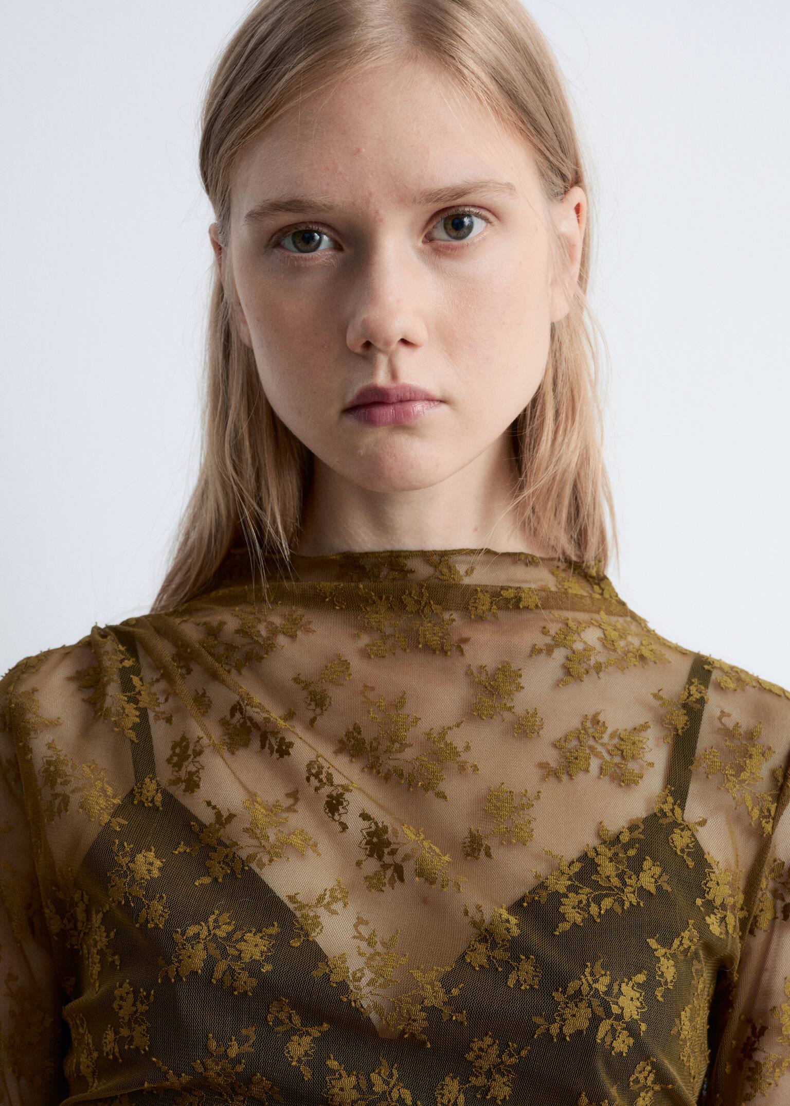 Long-Sleeve Lace Top - Khaki Brown/Dark Brown - 5