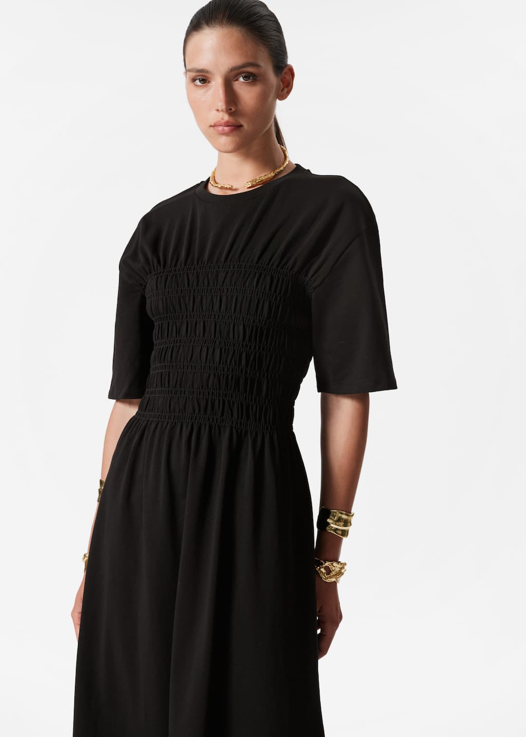 Smocked Midi Dress - White - Lookbook