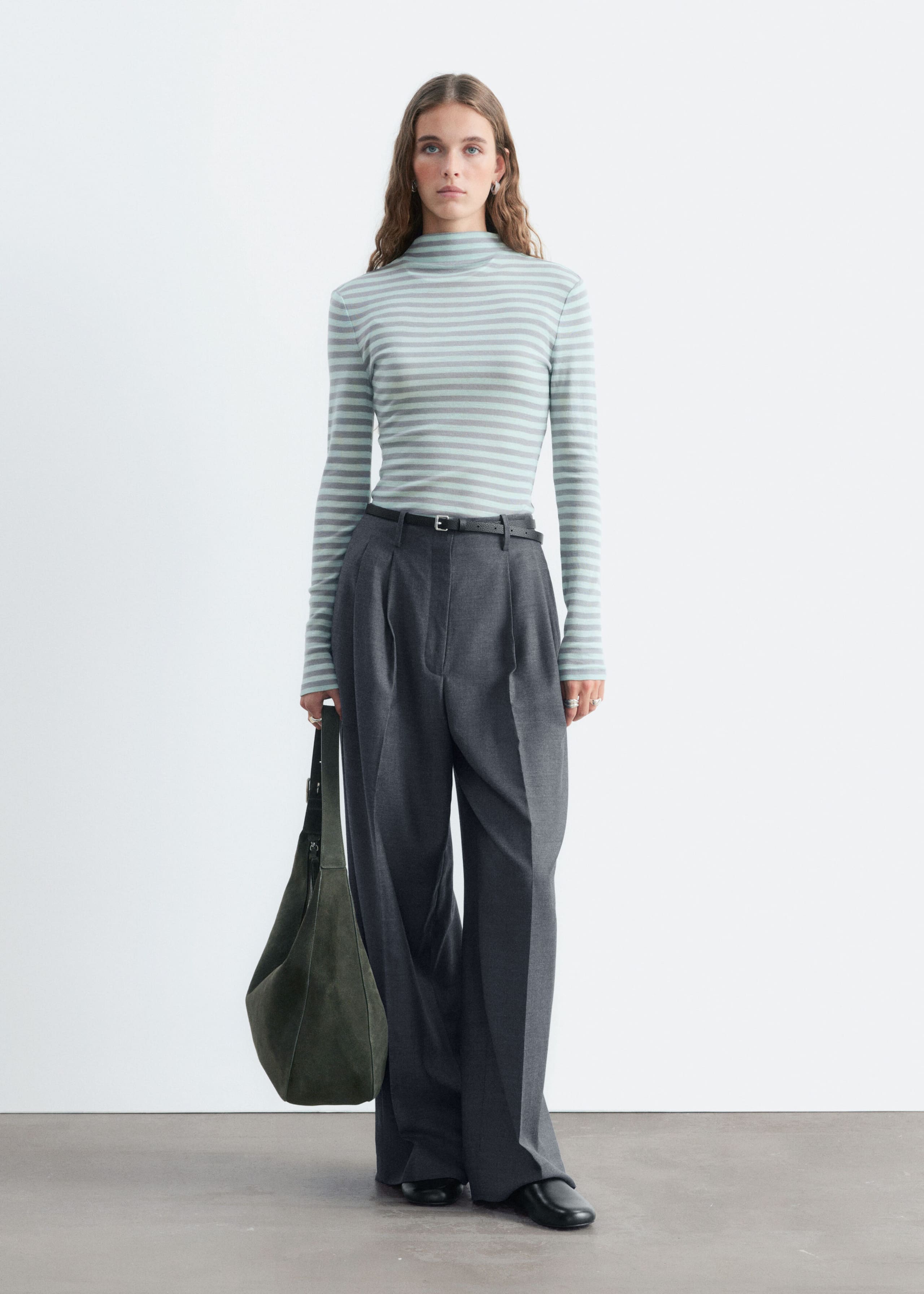 Wool Mock-Neck Top - Mint/Striped - Lookbook