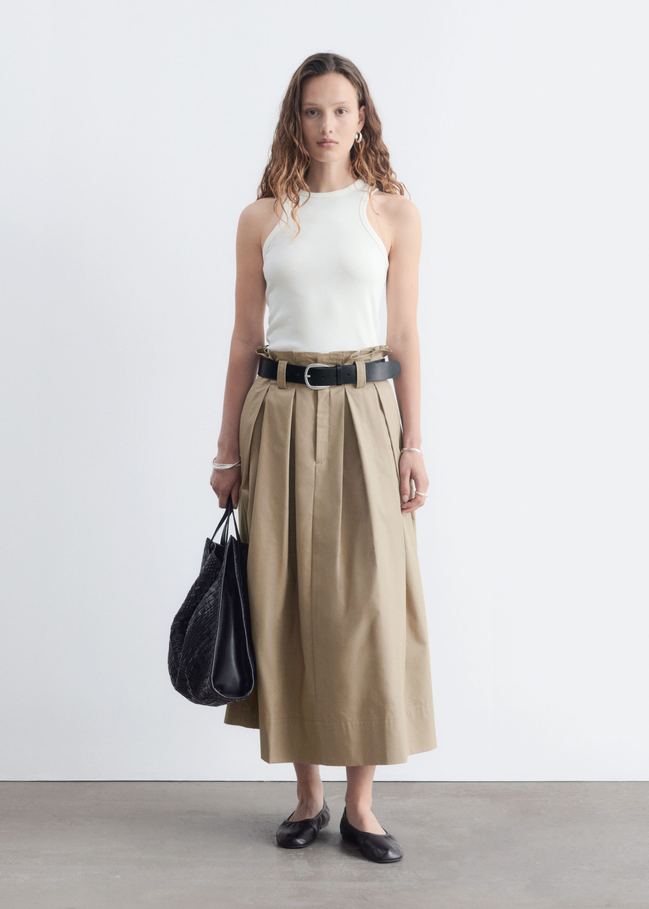 Pleated Midi Skirt - Beige - Lookbook