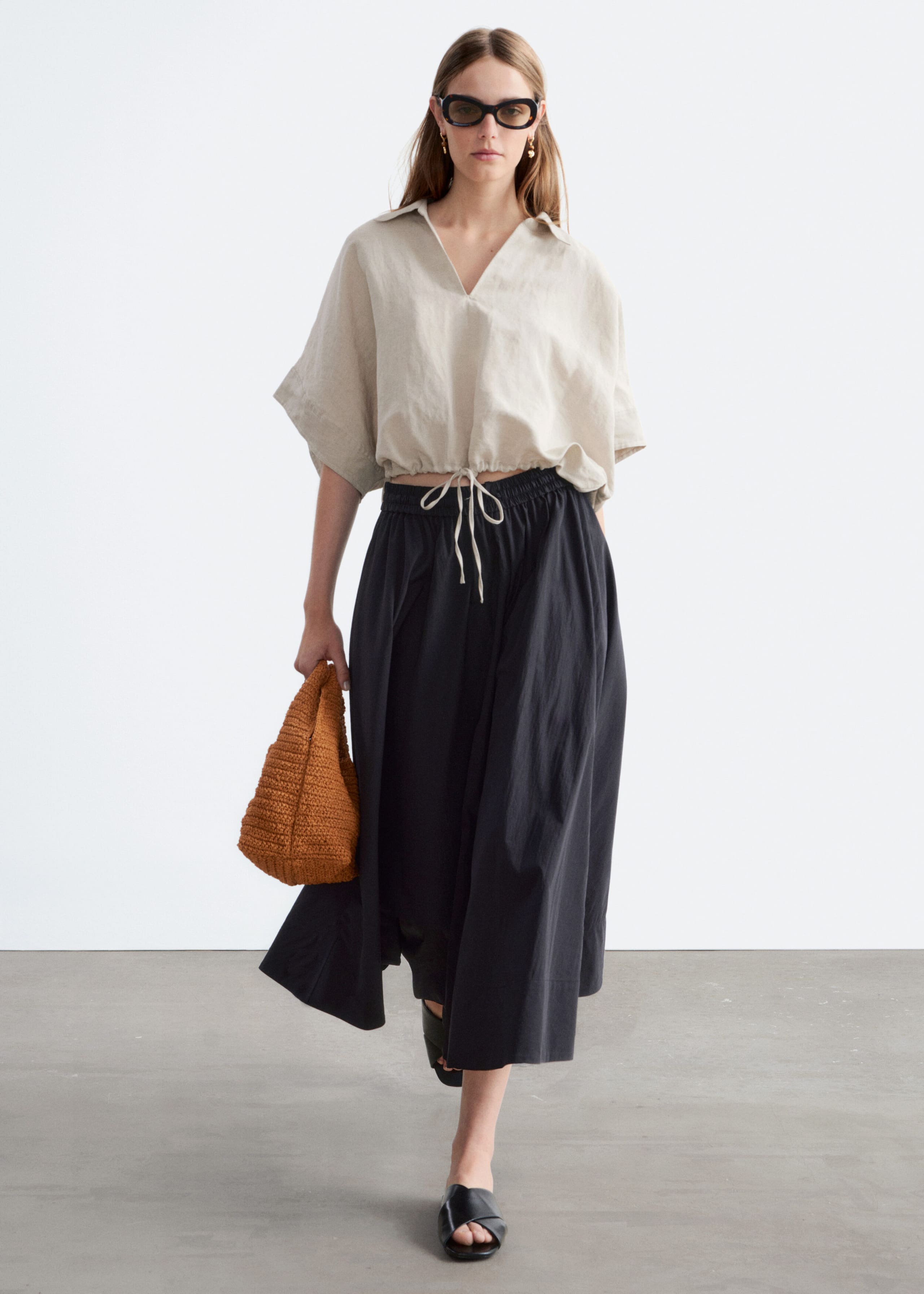 Drawstring Cropped Top - Beige - Lookbook