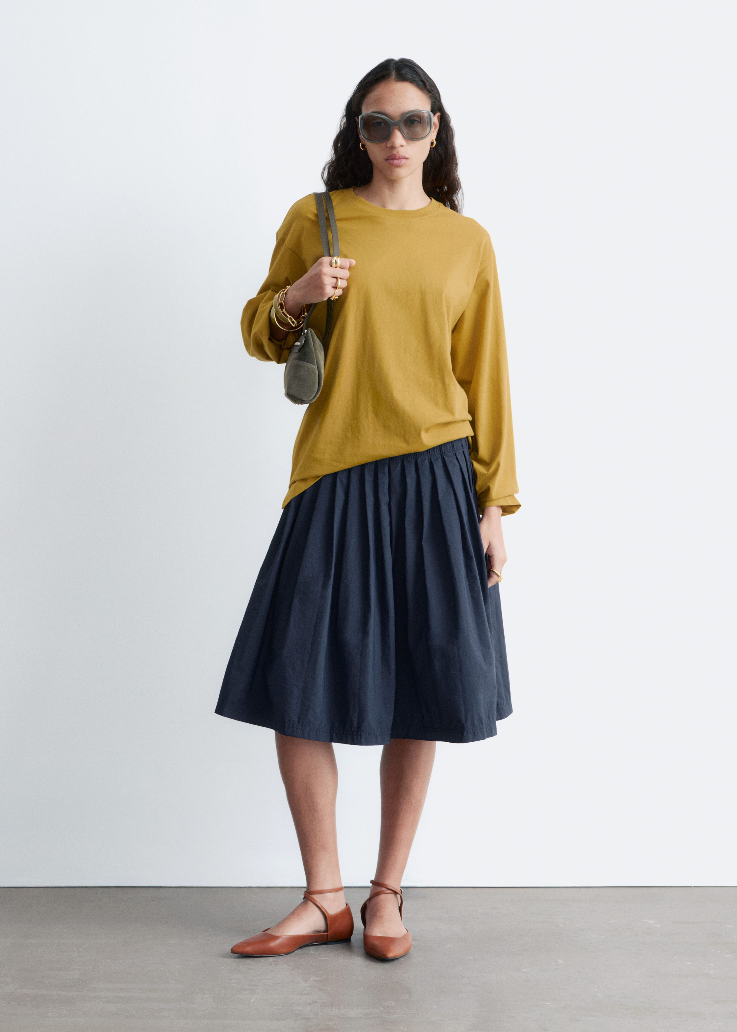 Leather Cross-Strap Ballet Flats - Cognac Brown - Lookbook