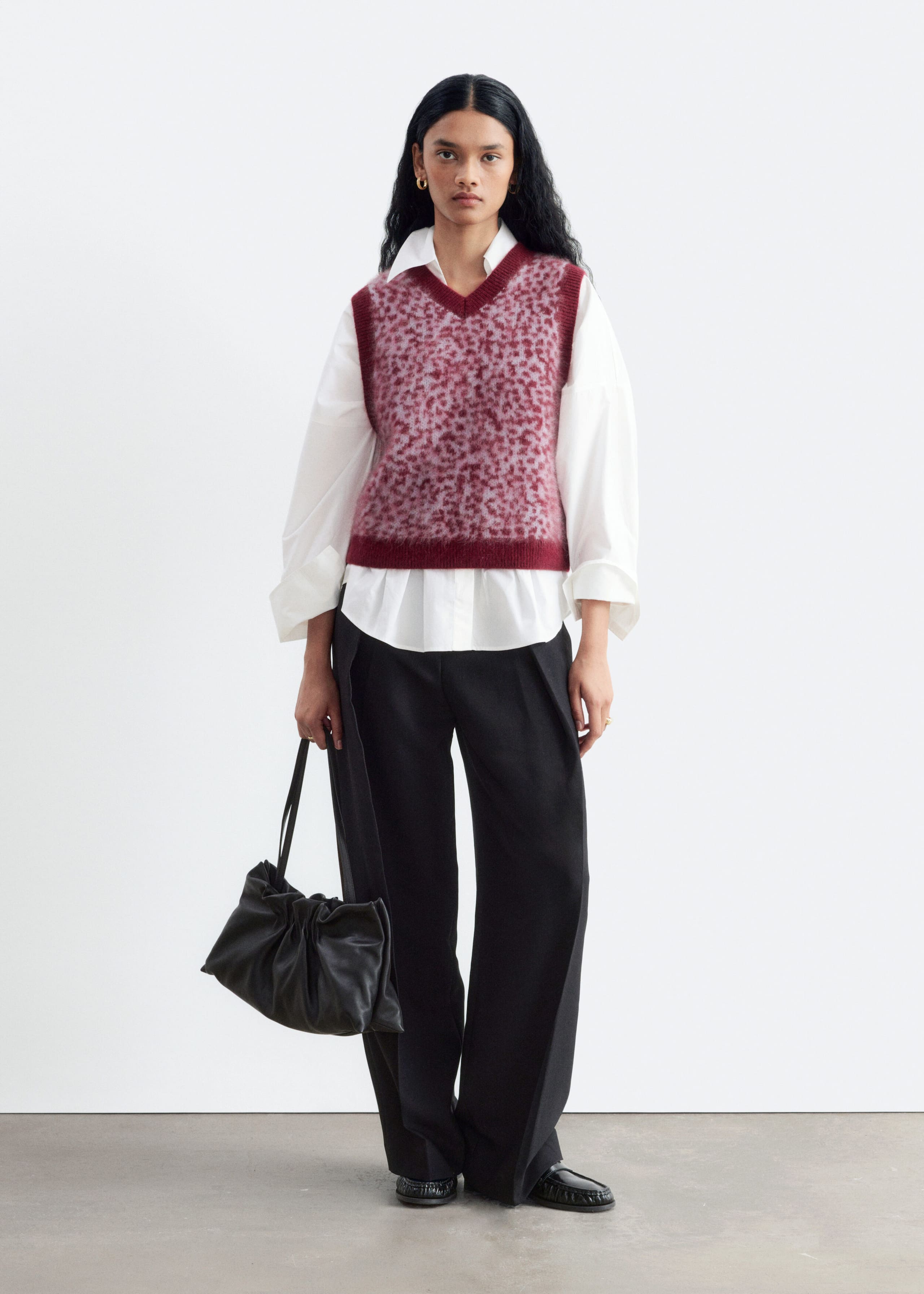 Brushed Wool Jacquard Vest - Khaki Green/Leopard Print - Lookbook