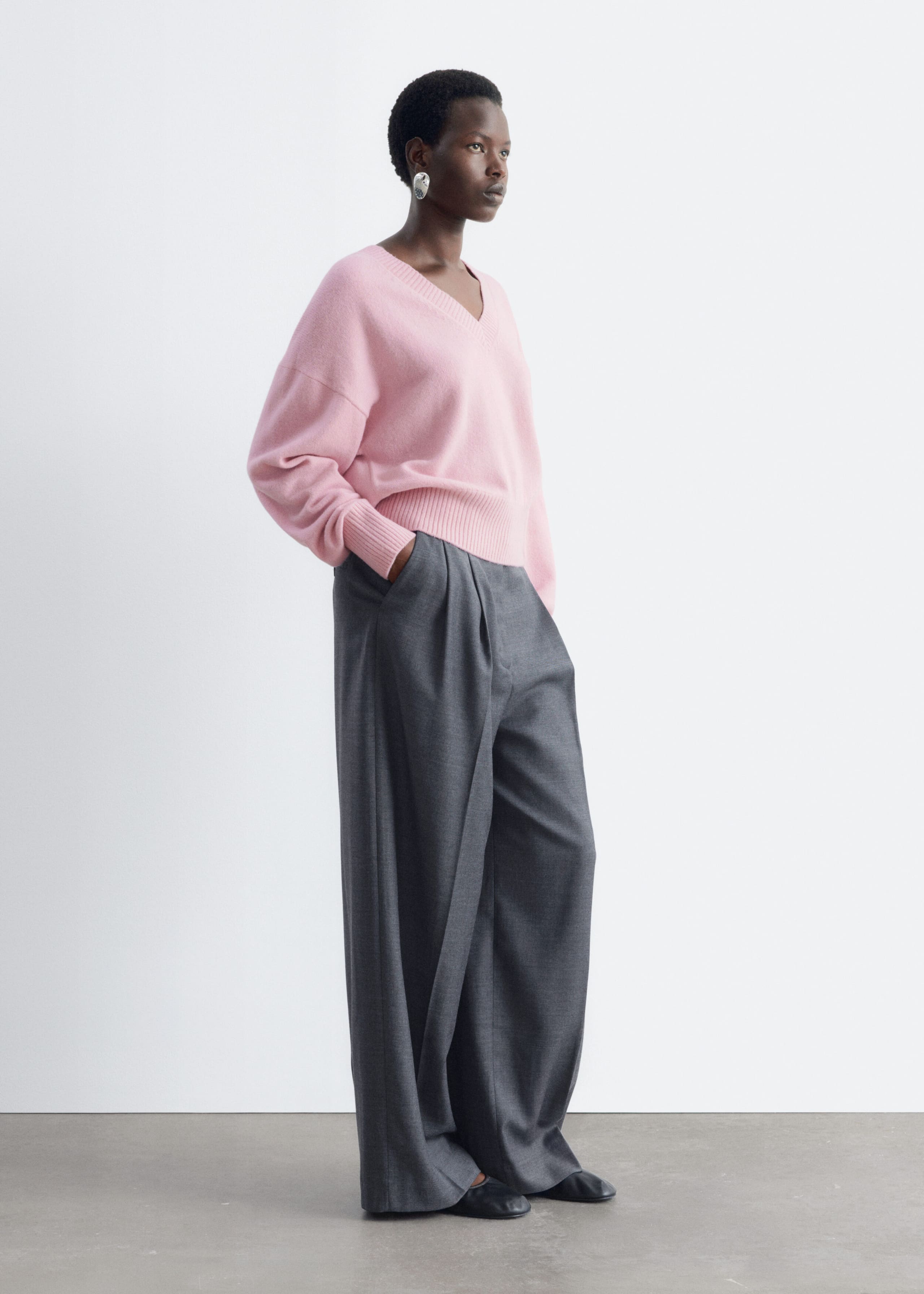 Wool-Cotton V-Neck Jumper - Grey - Lookbook