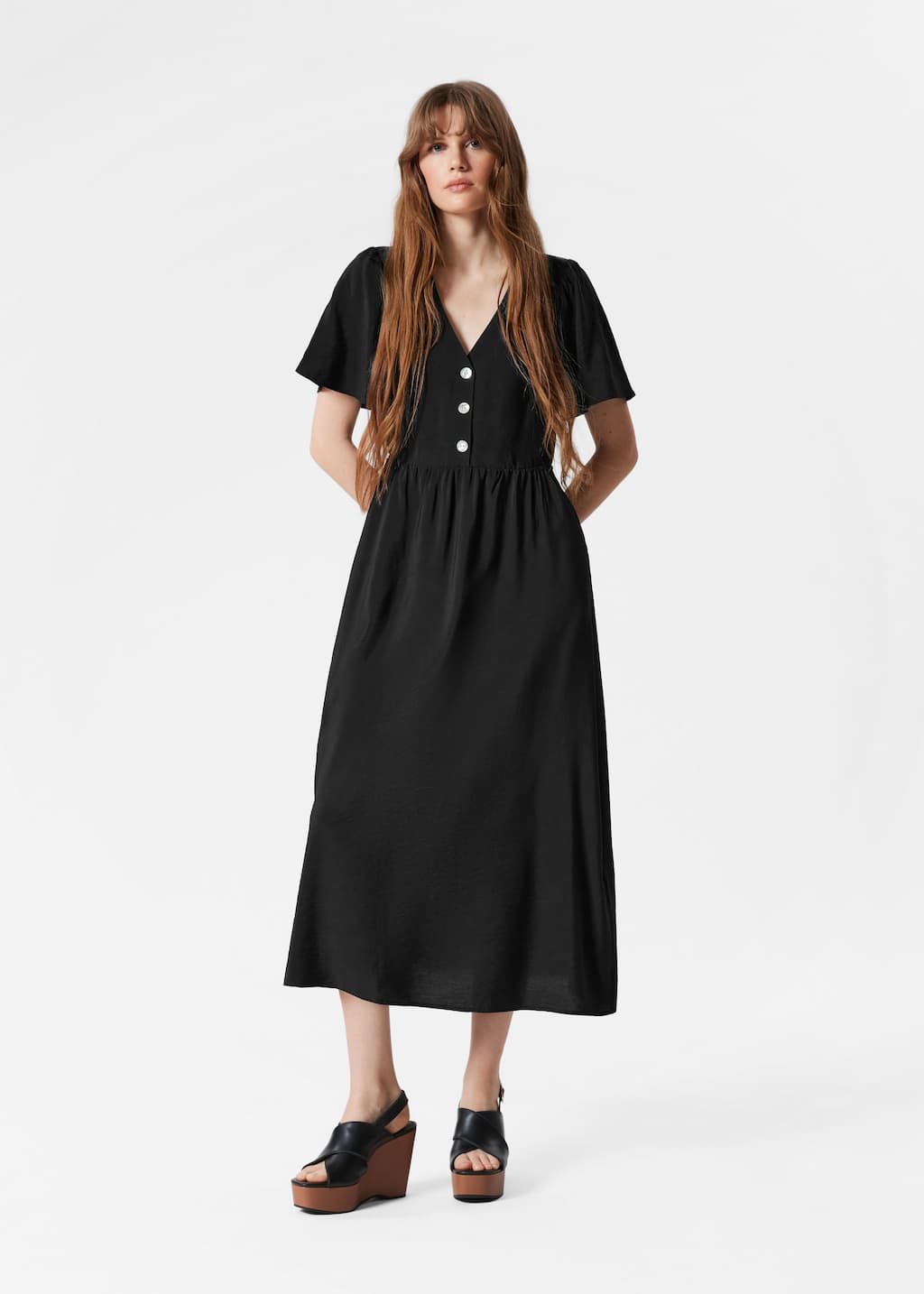 Robe midi à manches volantées - Imprimé noir - Lookbook