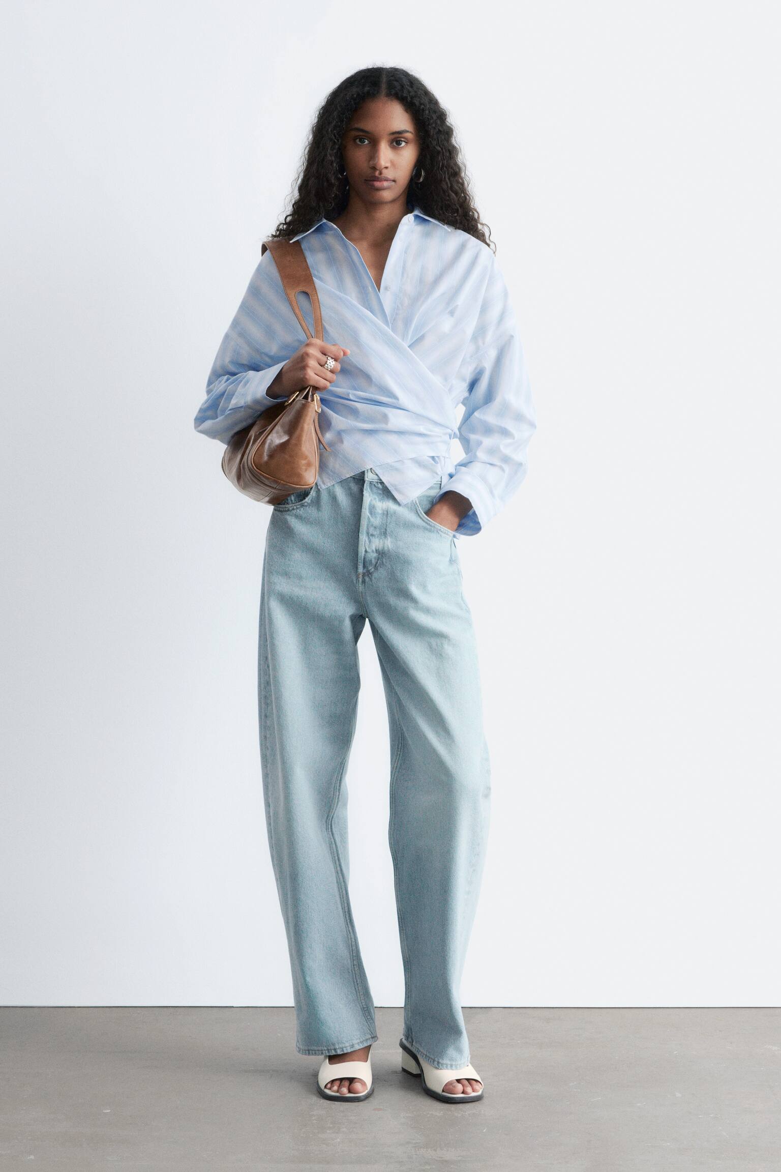 Deréknál Megkötős Pamut Ing - Kék/Fehér Csíkos - 4