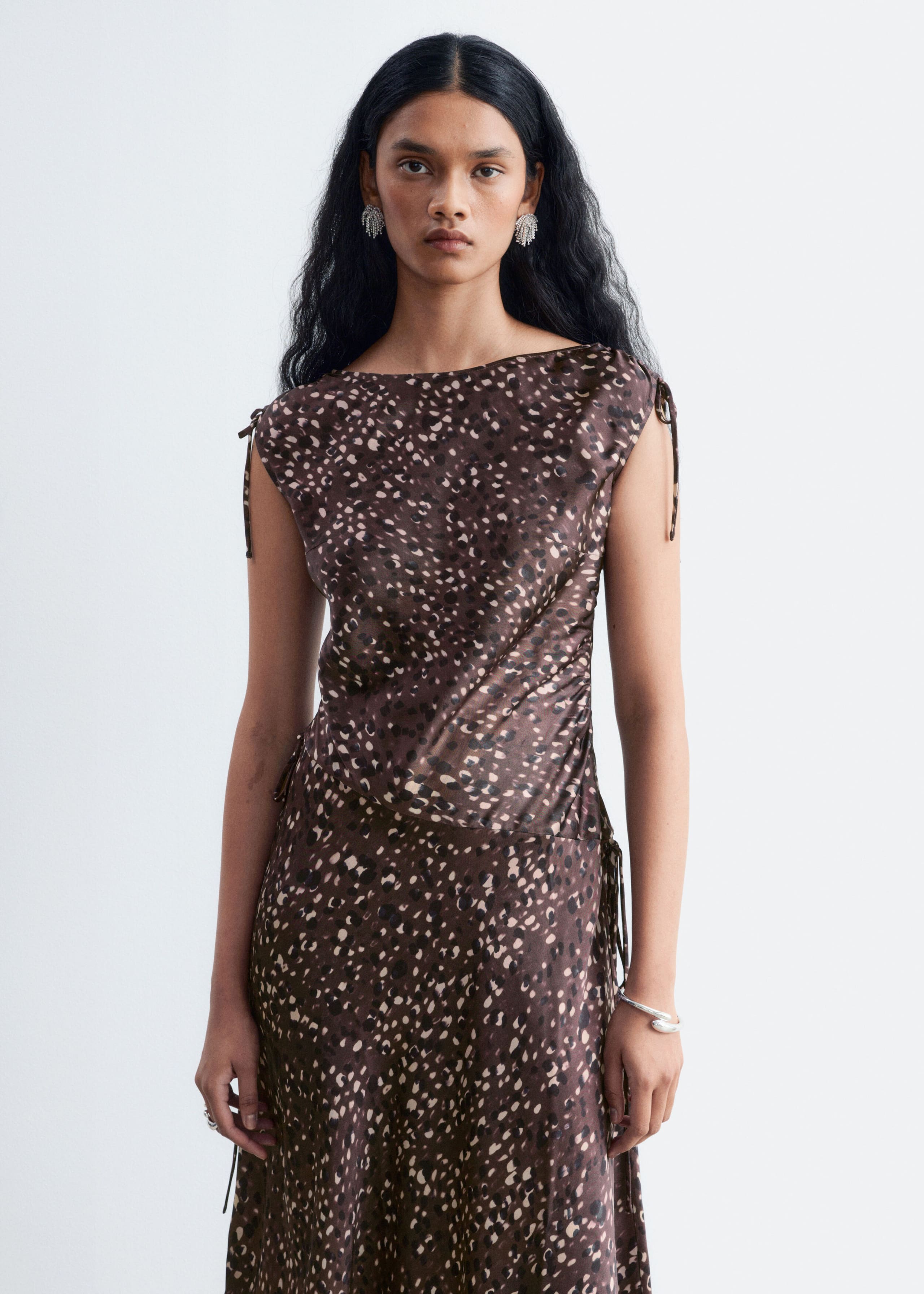 Asymmetric Satin Dress Dark Brown/Print