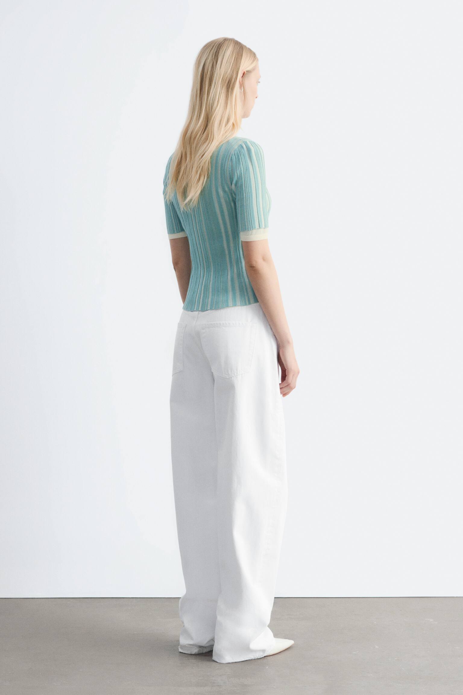 Dzianinowy kardigan w prążki z krótkim rękawem - Turquoise/Żółtozielony - 3