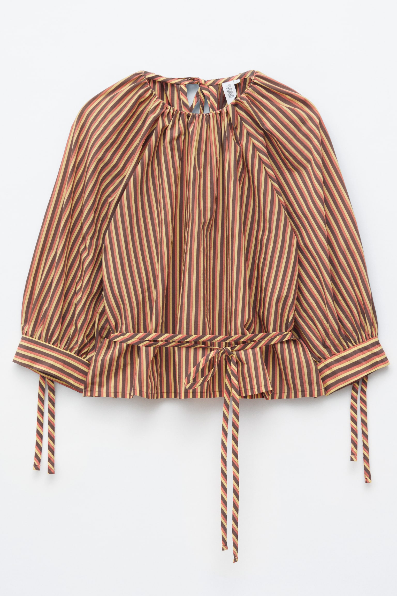 Drawstring Cuff Blouse - Brown/Striped - 1