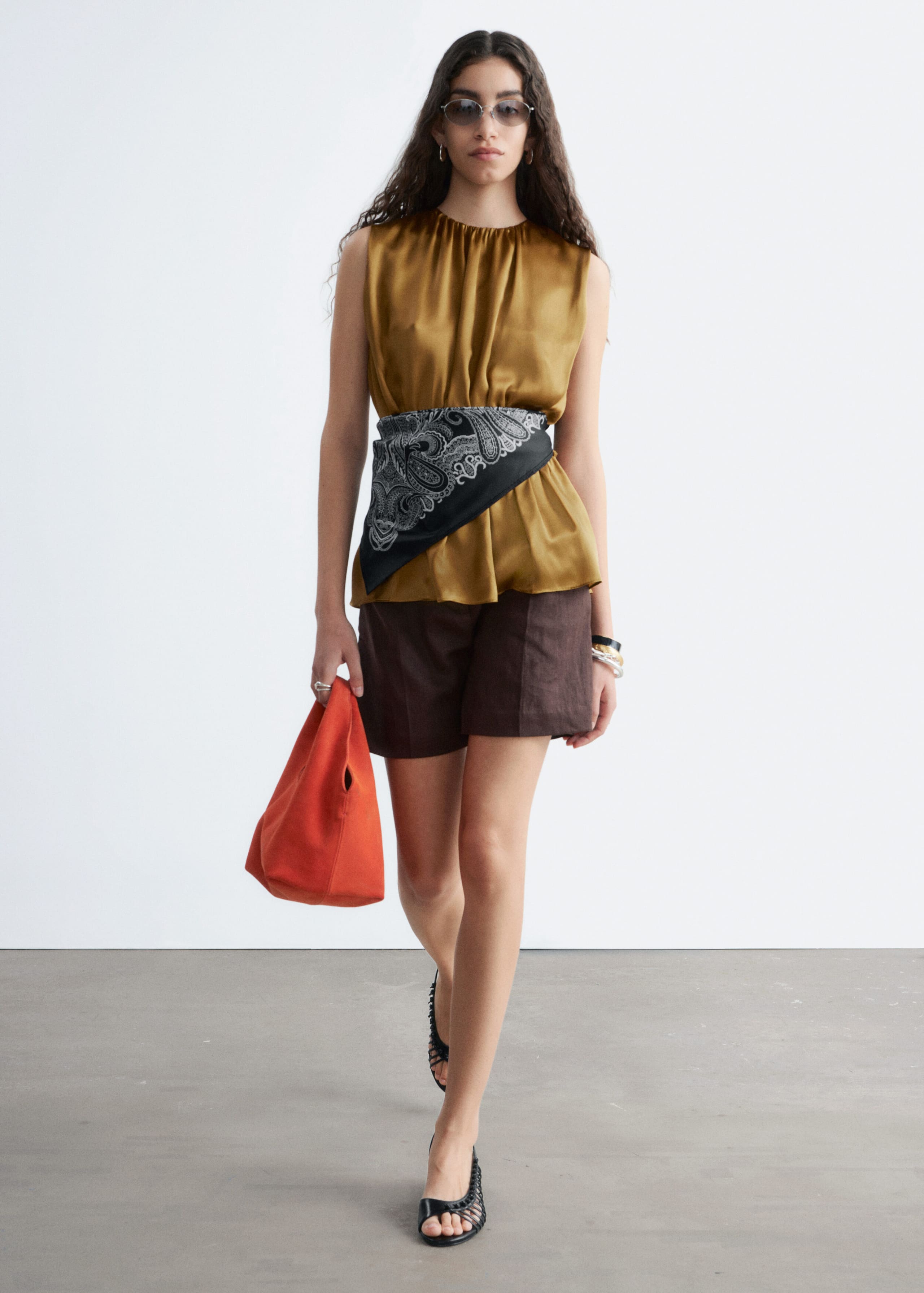 Sleeveless Silk Frill Top - Brown - Lookbook