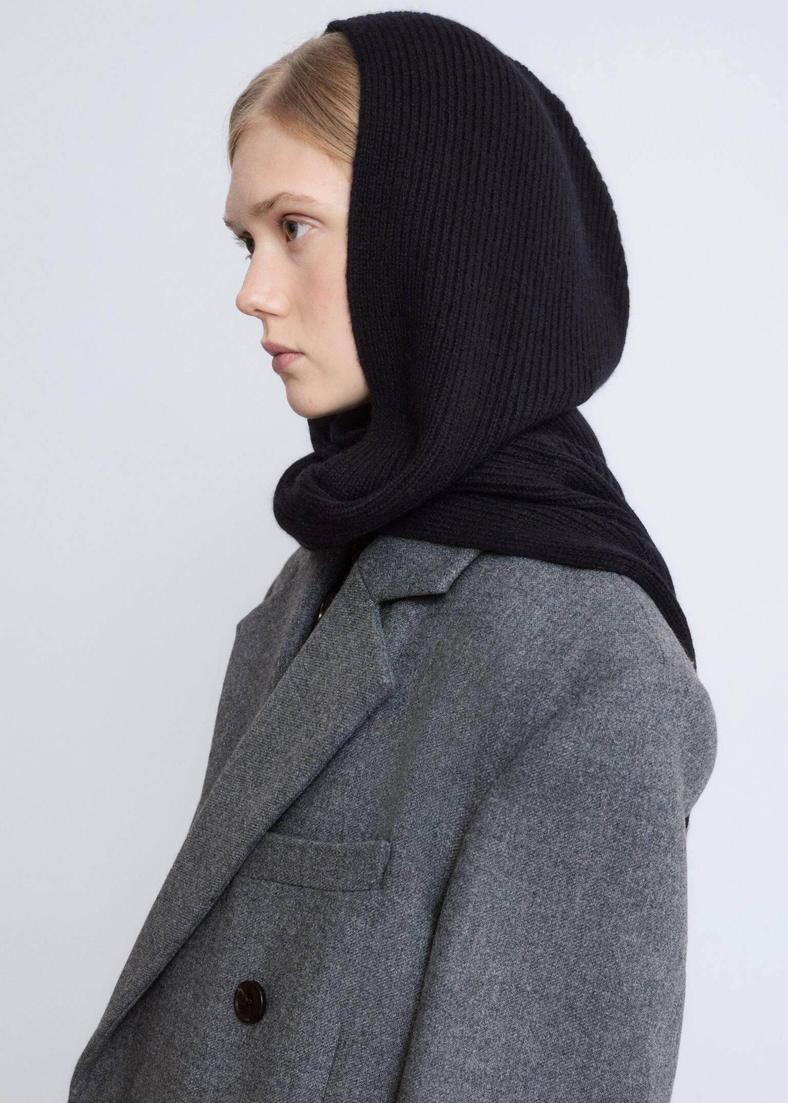 Hooded Wool Scarf - Black/Blue/Stone